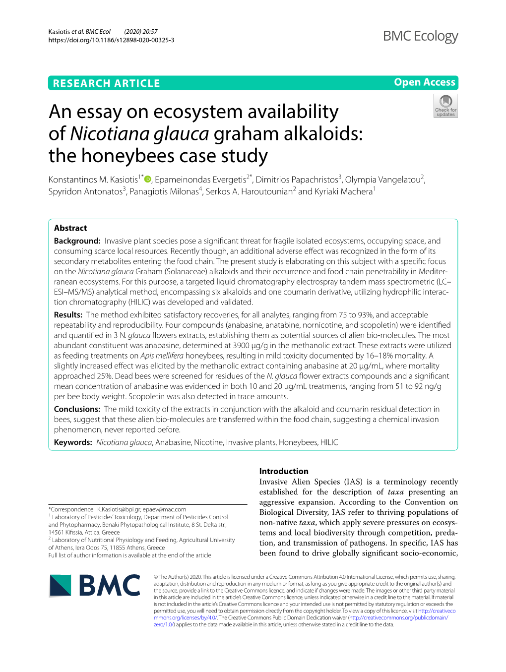 An Essay on Ecosystem Availability of Nicotiana Glauca Graham Alkaloids: the Honeybees Case Study Konstantinos M