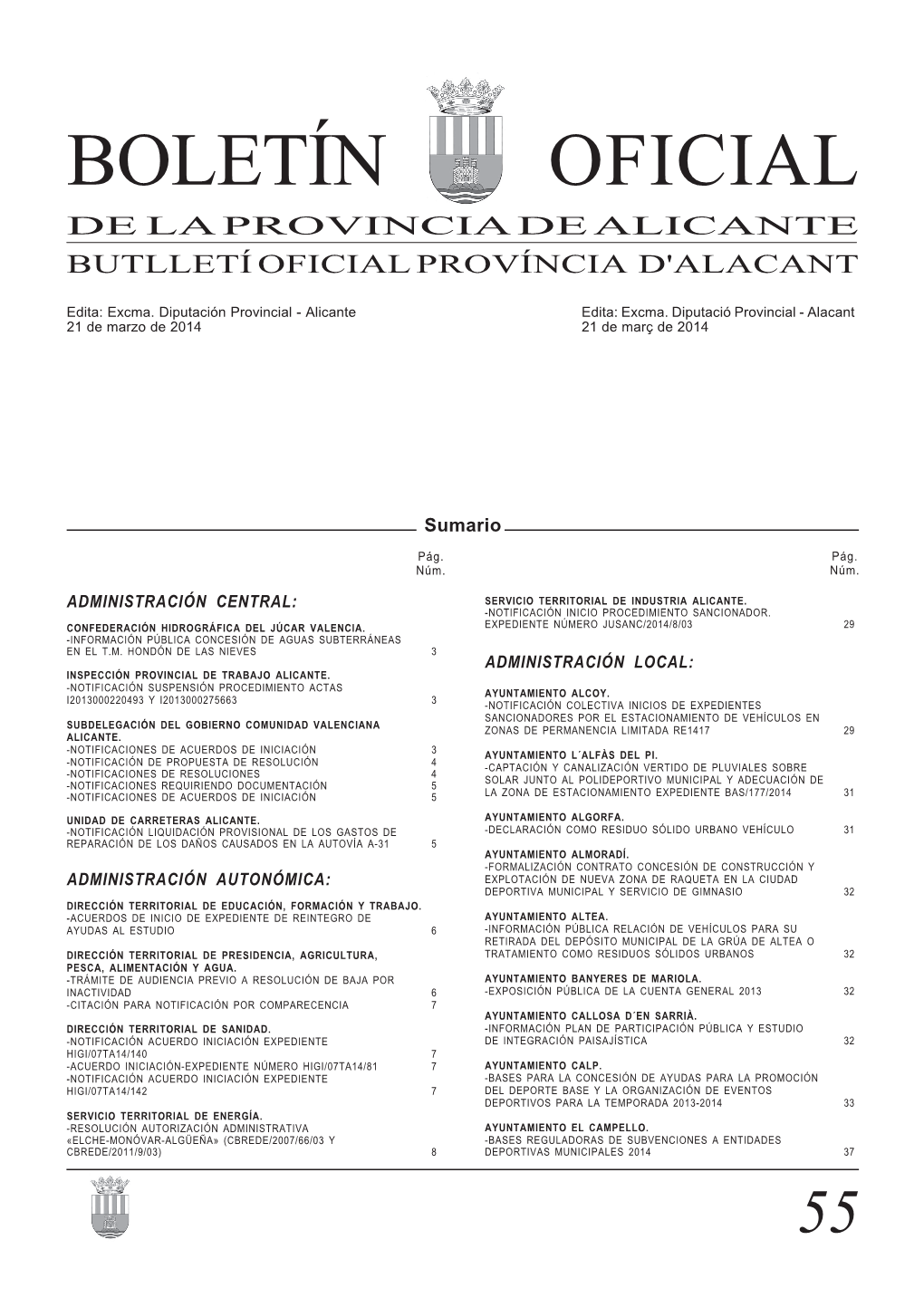 Boletín Oficial De La Provincia De Alicante Butlletí Oficial Província D'alacant