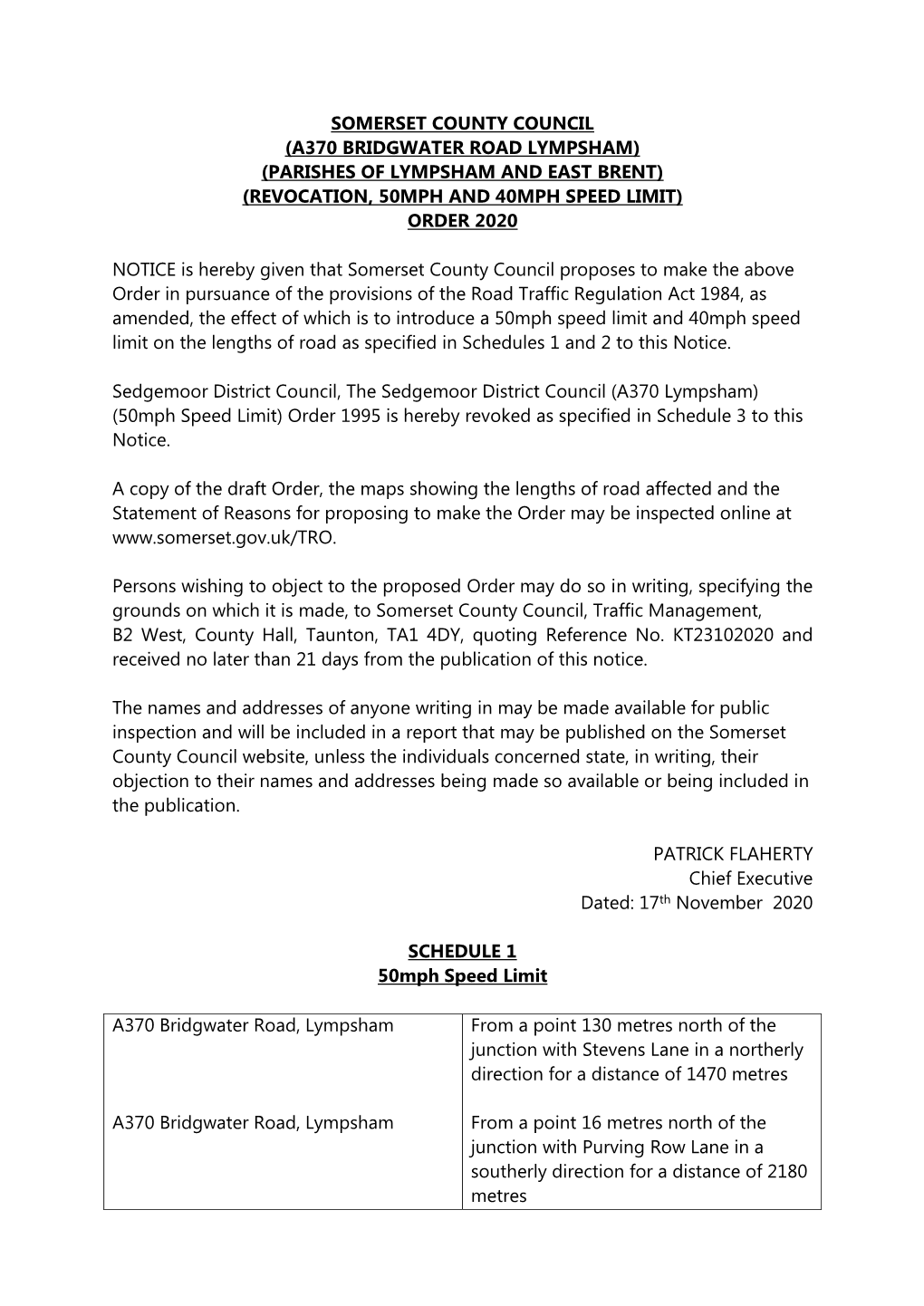 A370 Bridgwater Road Lympsham) (Parishes of Lympsham and East Brent) (Revocation, 50Mph and 40Mph Speed Limit) Order 2020