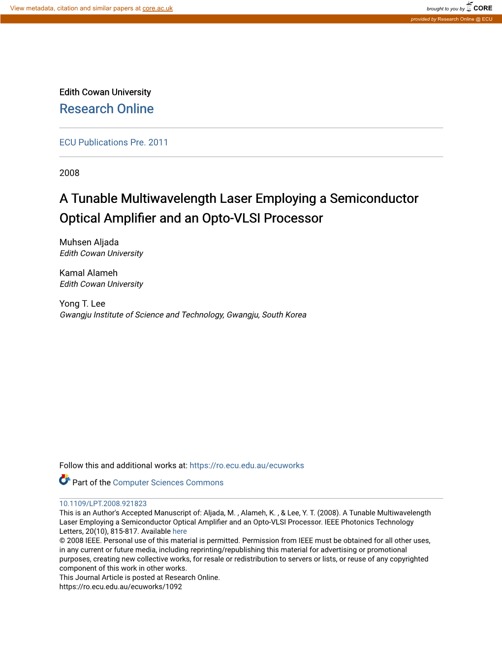 A Tunable Multiwavelength Laser Employing a Semiconductor Optical Amplifier and an Opto-VLSI Processor