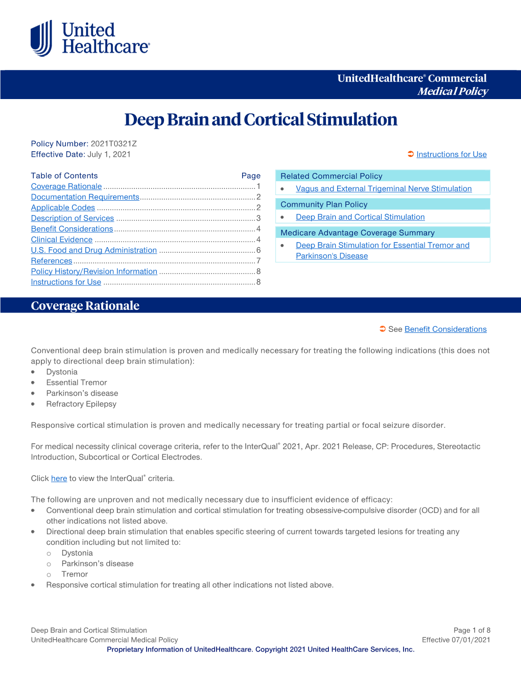 Deep Brain and Cortical Stimulation – Commercial Medical Policy