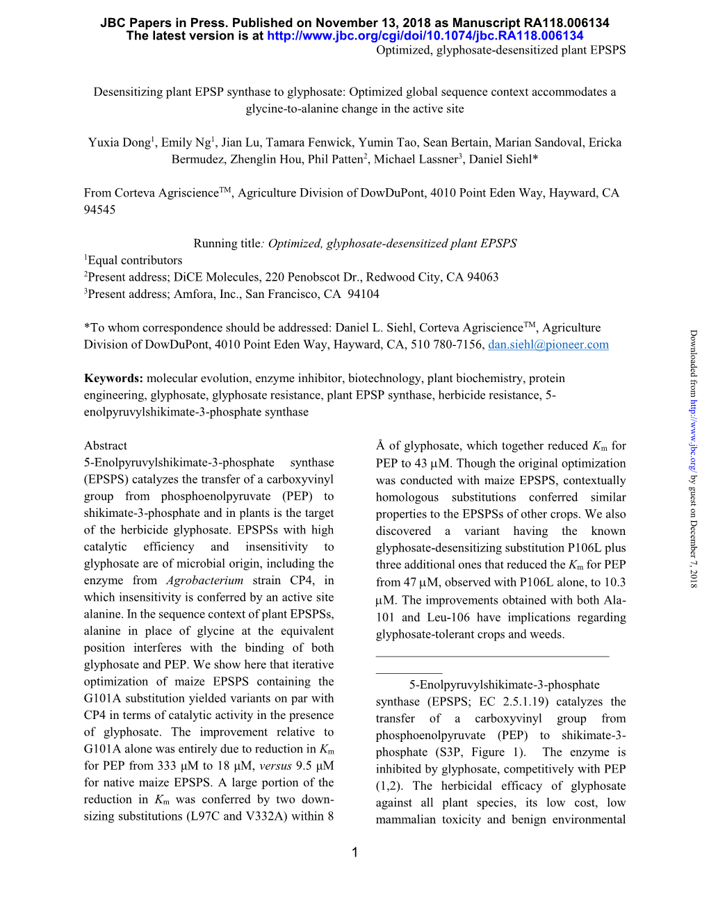 Desensitizing Plant EPSP Synthase to Glyphosate: Optimized Global Sequence Context Accommodates a Glycine-To-Alanine Change in the Active Site