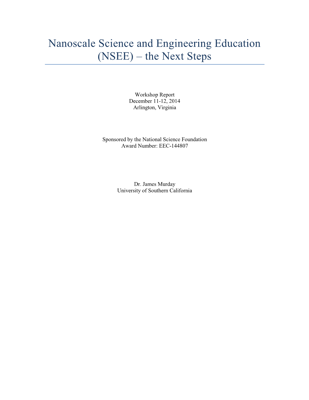 Nanoscale Science and Engineering Education (NSEE) – the Next Steps