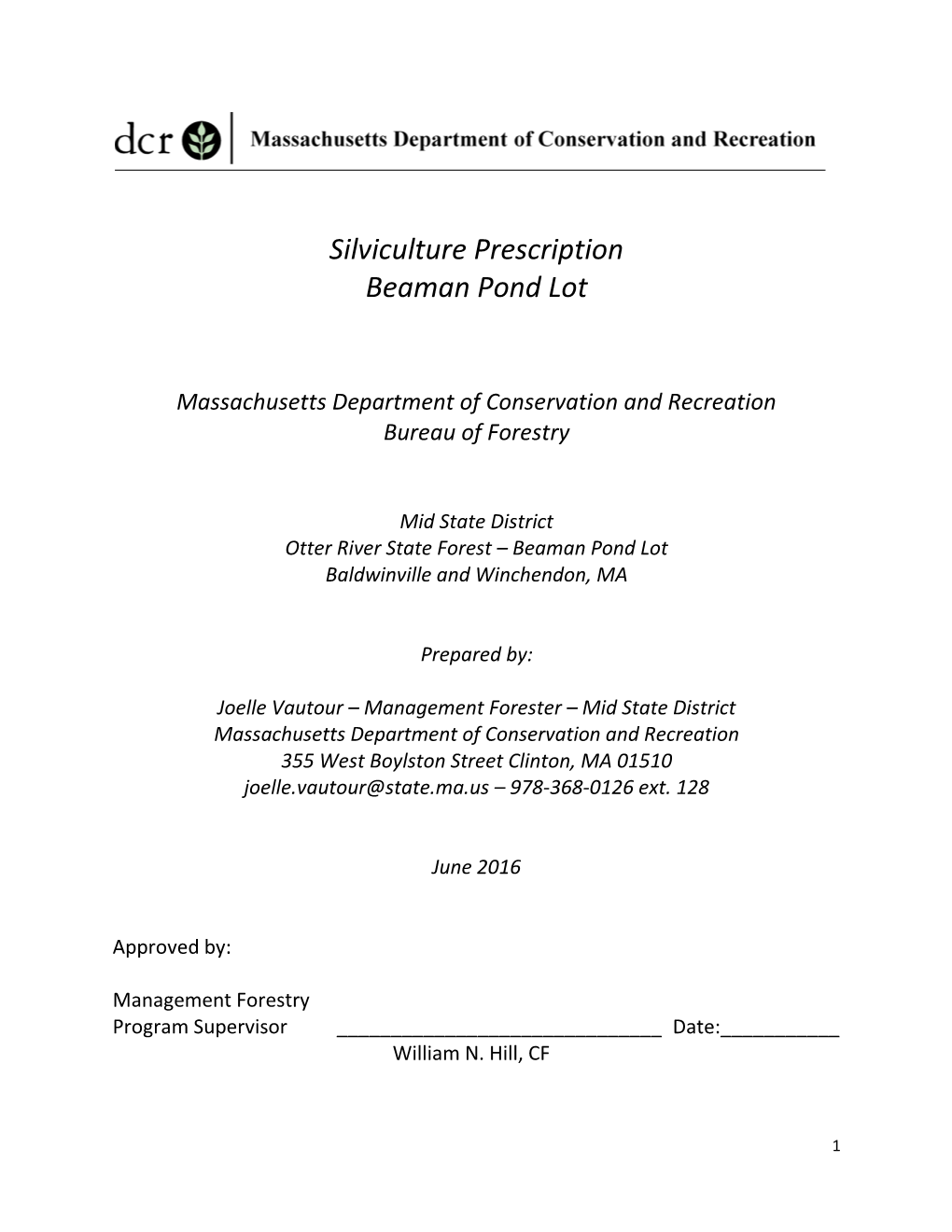 Silviculture Prescription Beaman Pond Lot