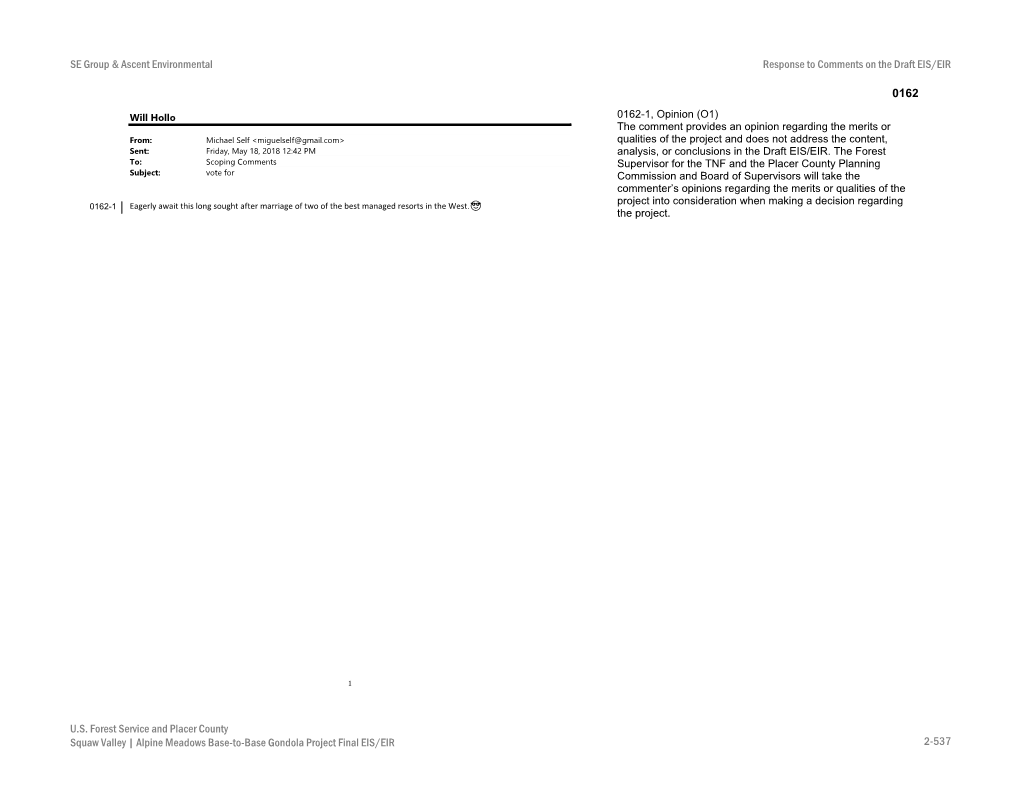 Alpine Meadows Base-To-Base Gondola Project Final EIS/EIR 2-537 Response to Comments on the Draft EIS/EIR SE Group & Ascent Environmental