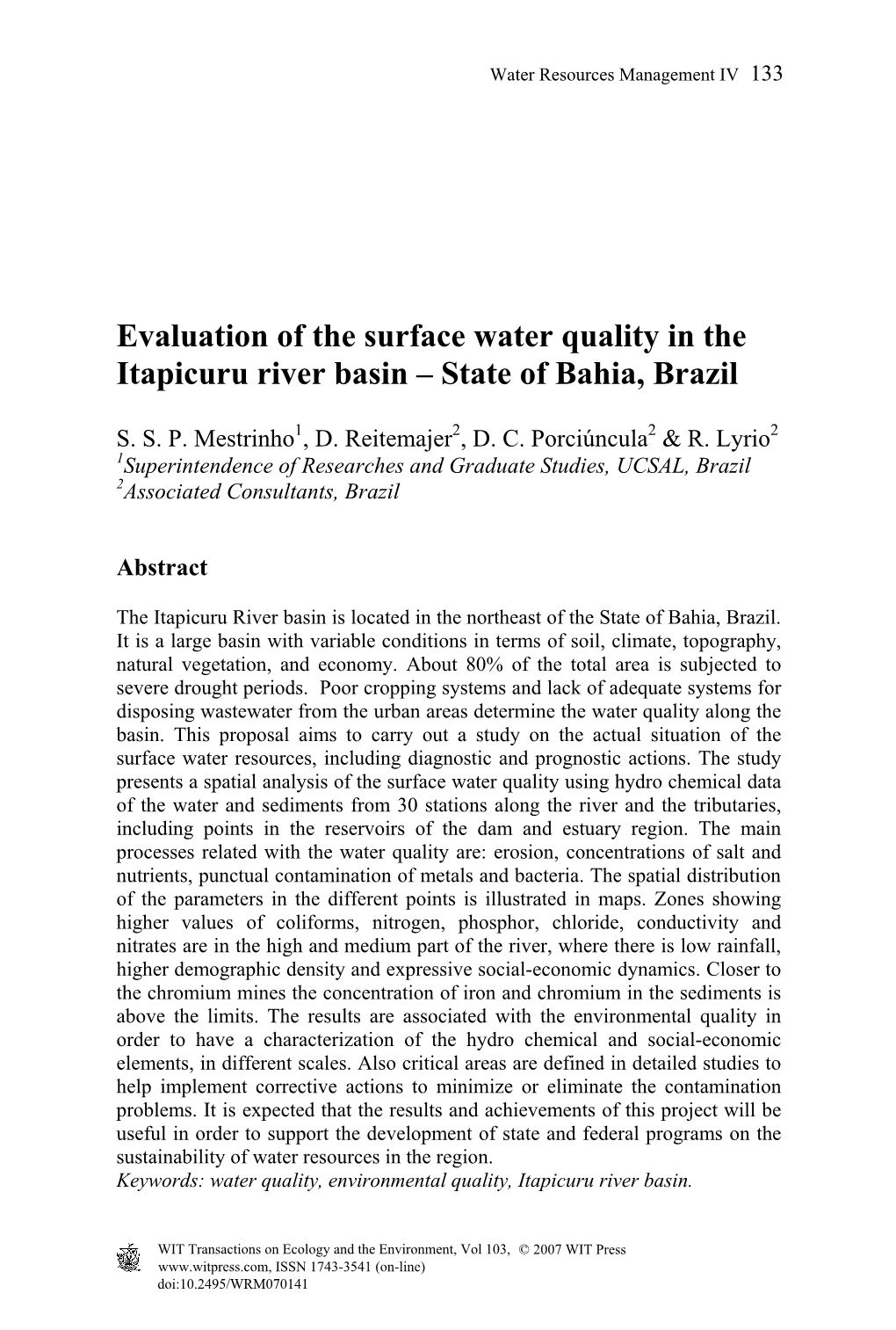 Evaluation of the Surface Water Quality in the Itapicuru River Basin – State of Bahia, Brazil