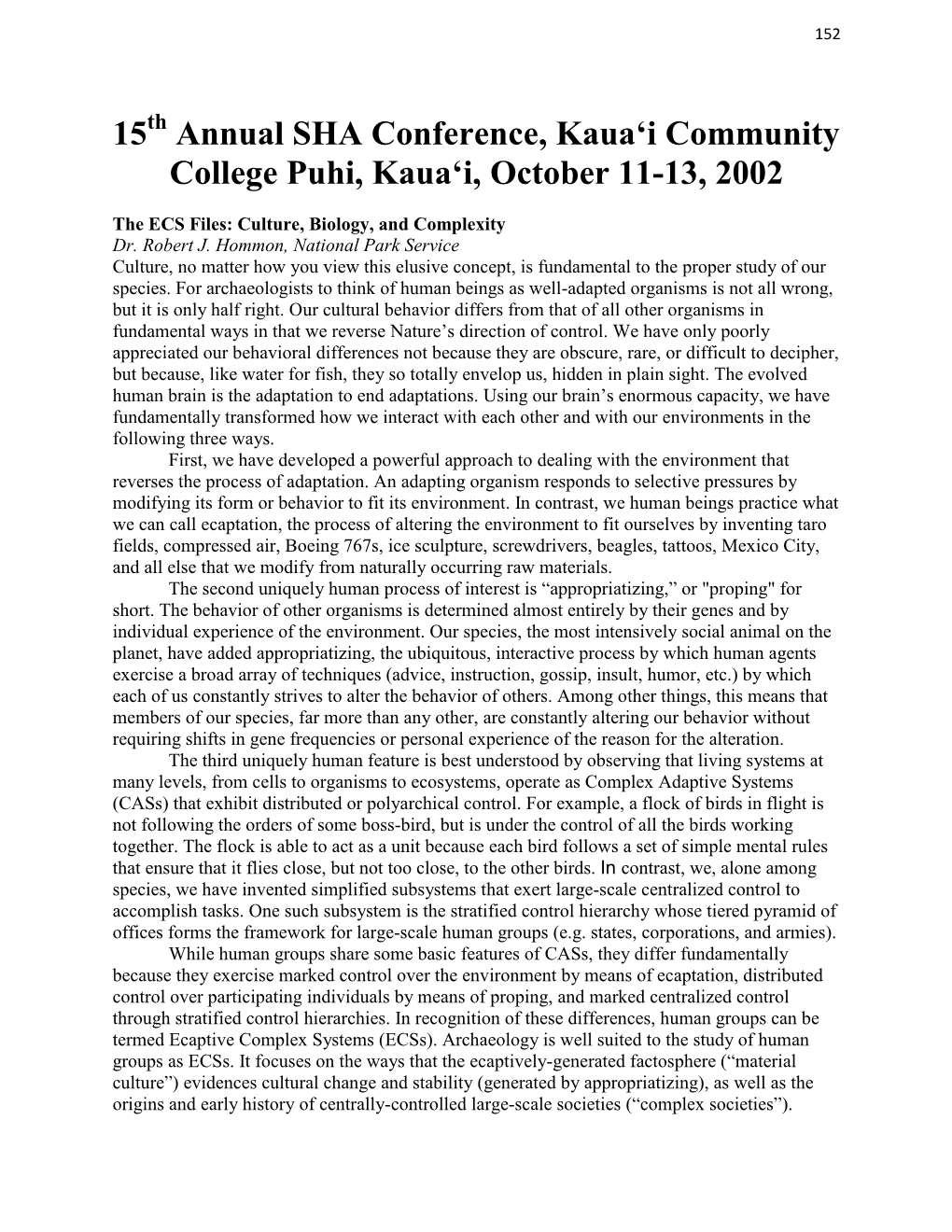 Annual SHA Conference, Kauaʻi Community College Puhi, Kauaʻi, October 11-13, 2002