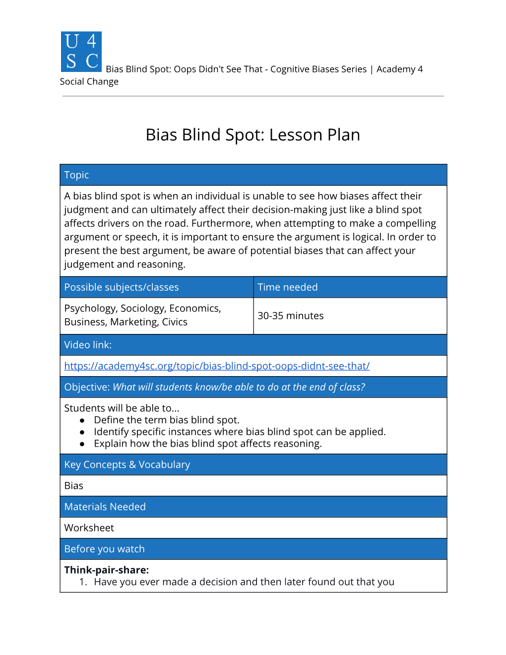 Bias Blind Spot: Lesson Plan