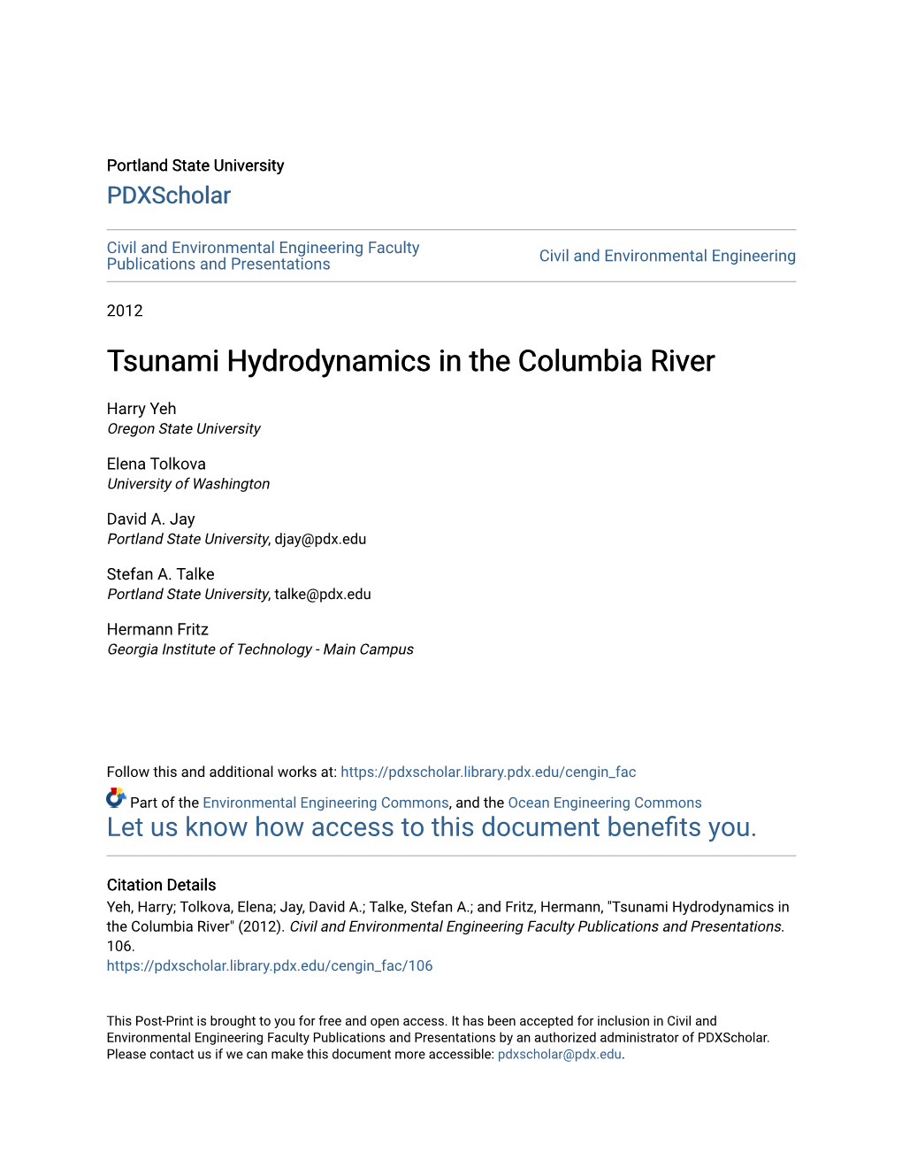 Tsunami Hydrodynamics in the Columbia River