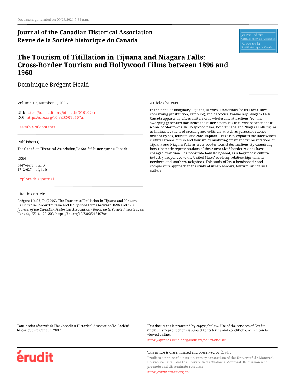 The Tourism of Titillation in Tijuana and Niagara Falls: Cross-Border Tourism and Hollywood Films Between 1896 and 1960 Dominique Brégent-Heald