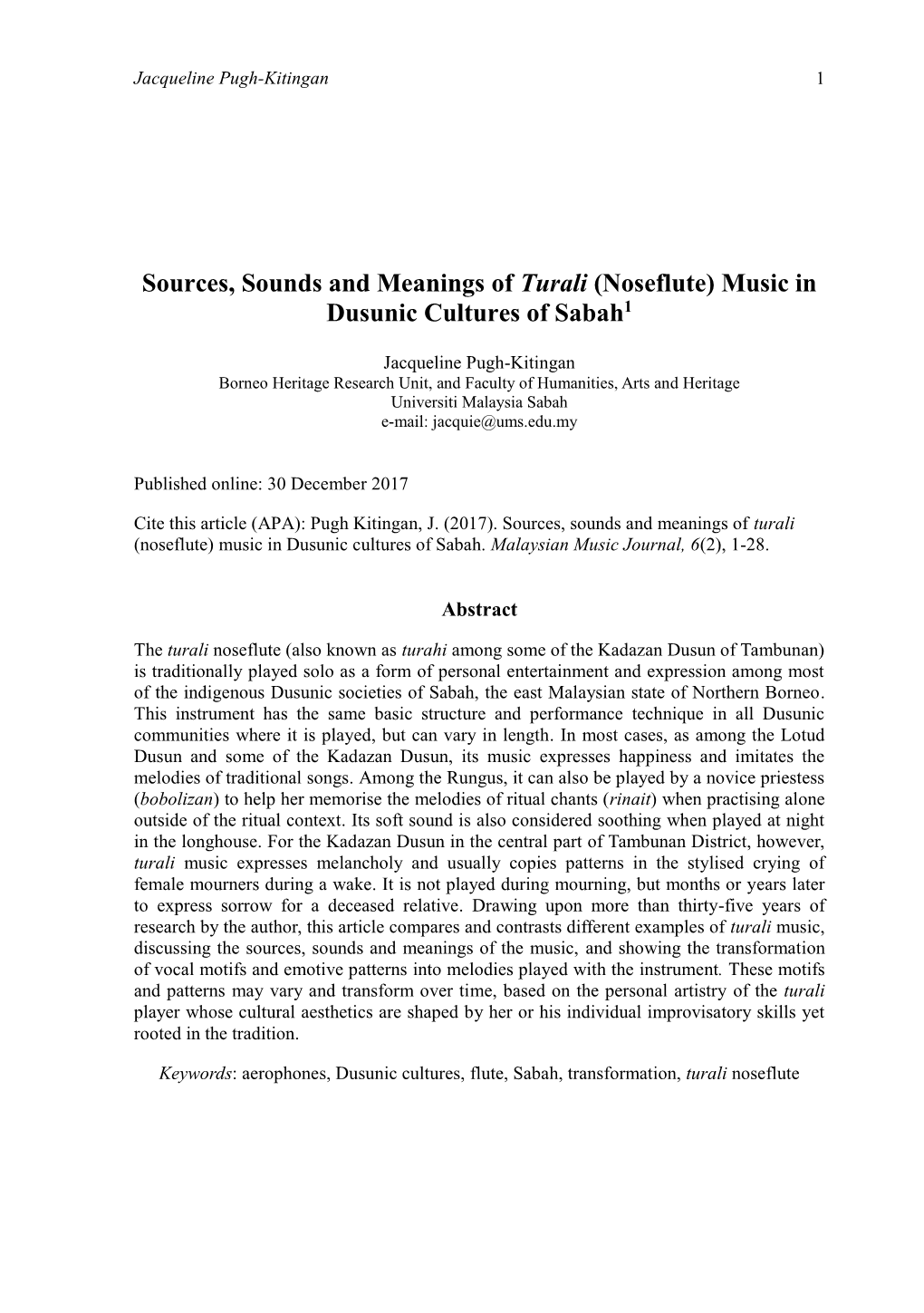 Sources, Sounds and Meanings of Turali (Noseflute) Music in Dusunic Cultures of Sabah1