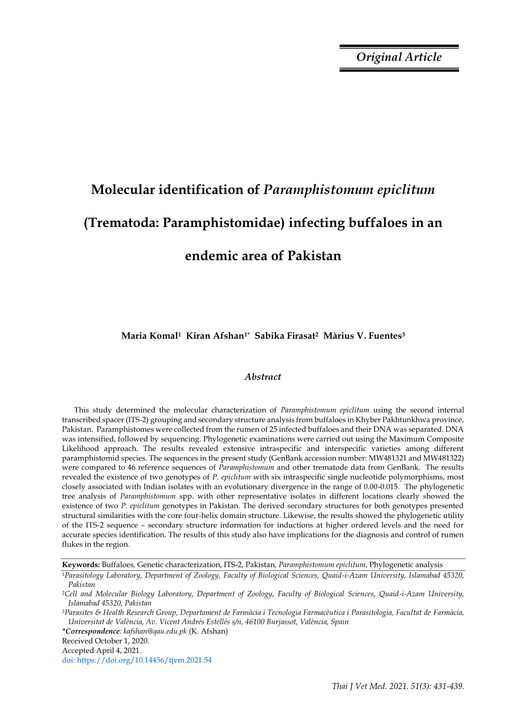 Molecular Identification of Paramphistomum Epiclitum