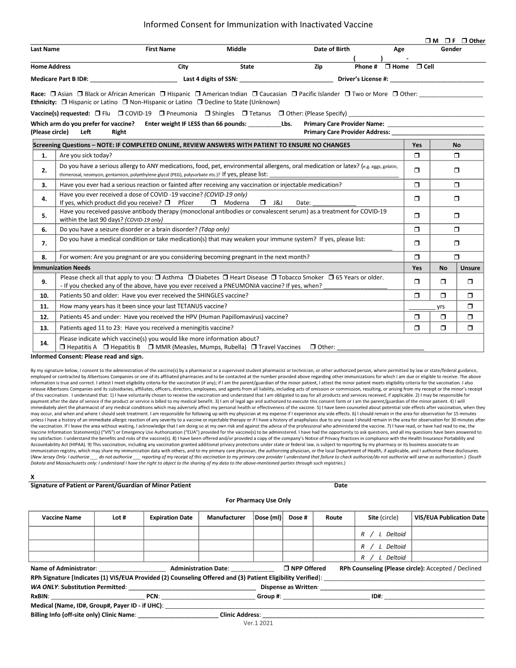 Informed Consent for Immunization with Inactivated Vaccine