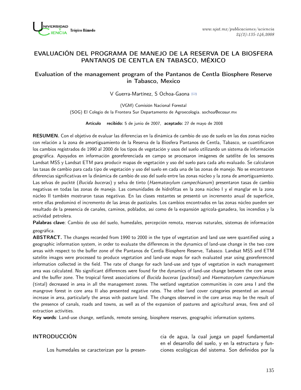 Evaluación Del Programa De Manejo De La Reserva De La Biosfera Pantanos De Centla En Tabasco, México