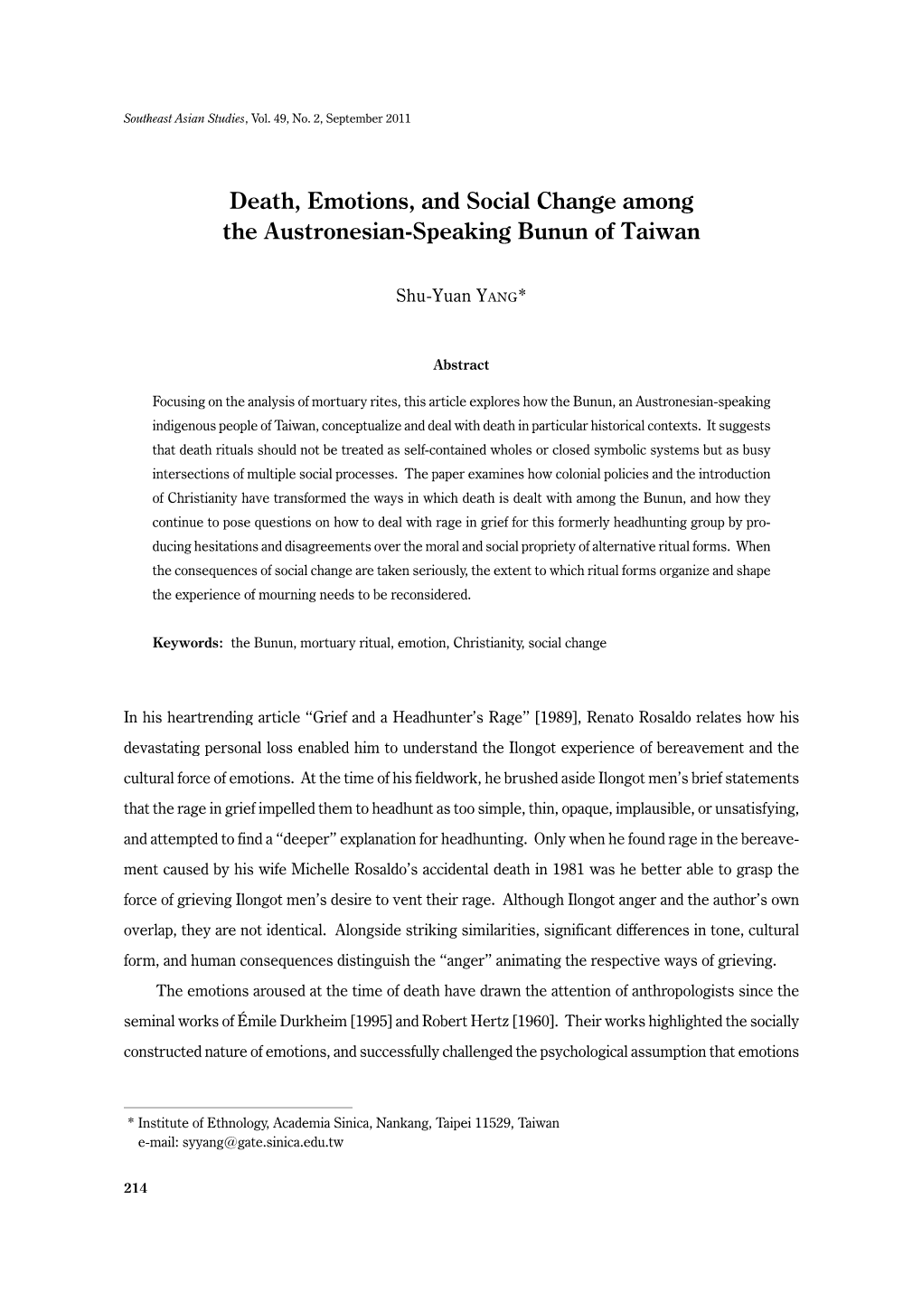 Death, Emotions, and Social Change Among the Austronesian-Speaking Bunun of Taiwan