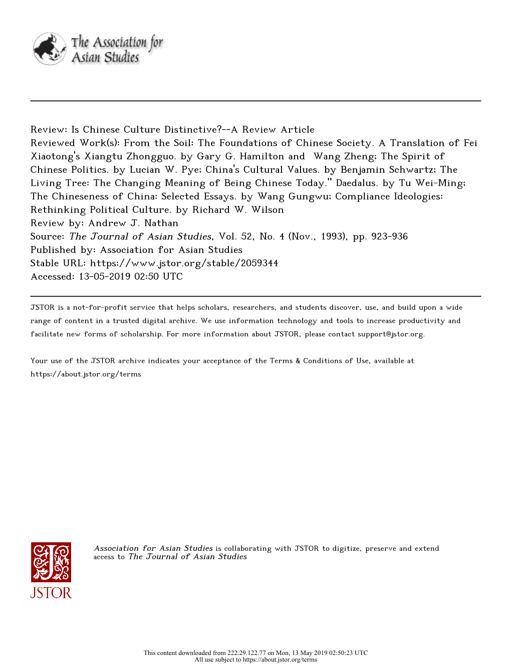 Is Chinese Culture Distinctive?--A Review Article Reviewed Work(S): from the Soil: the Foundations of Chinese Society