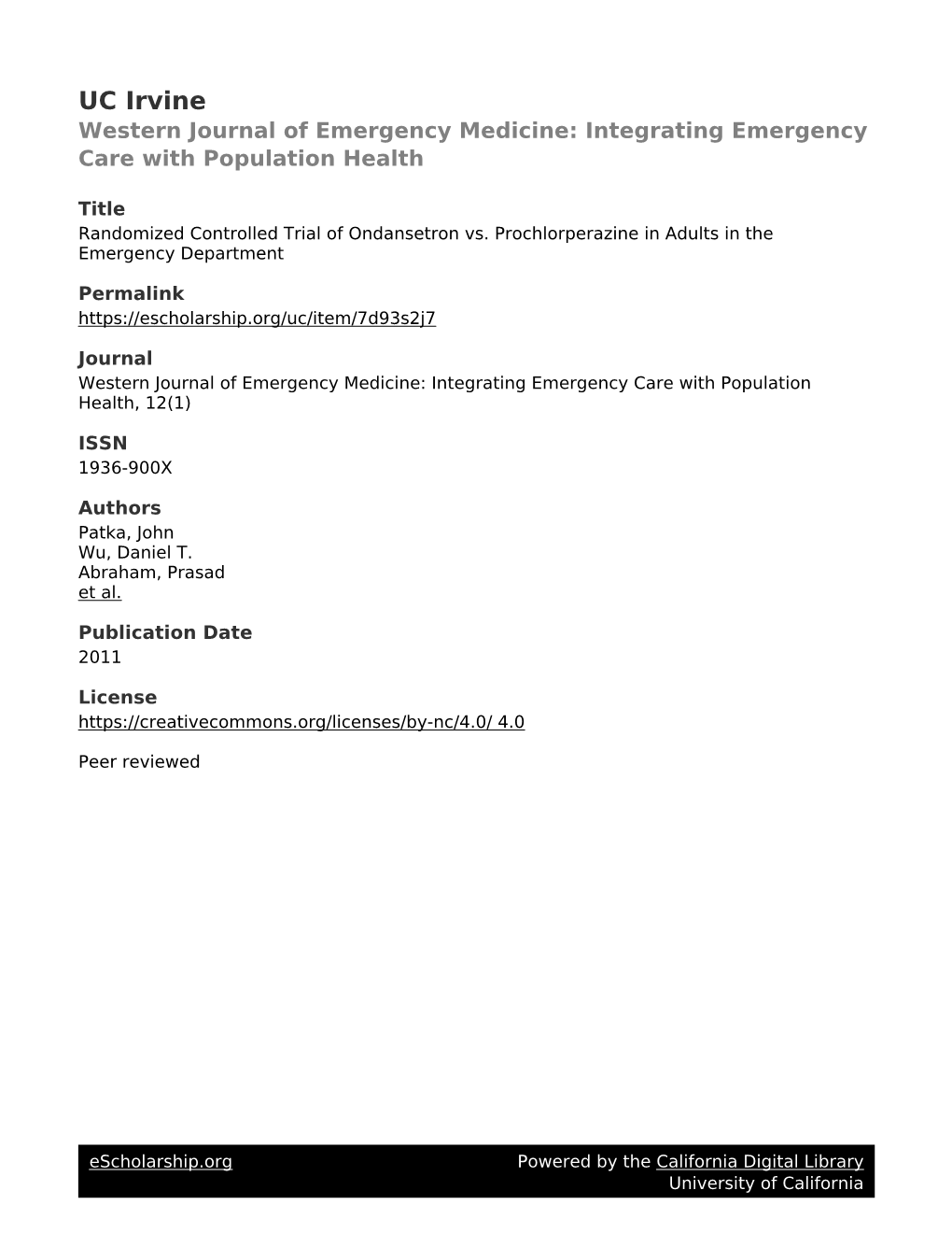 Randomized Controlled Trial of Ondansetron Vs. Prochlorperazine in Adults in the Emergency Department