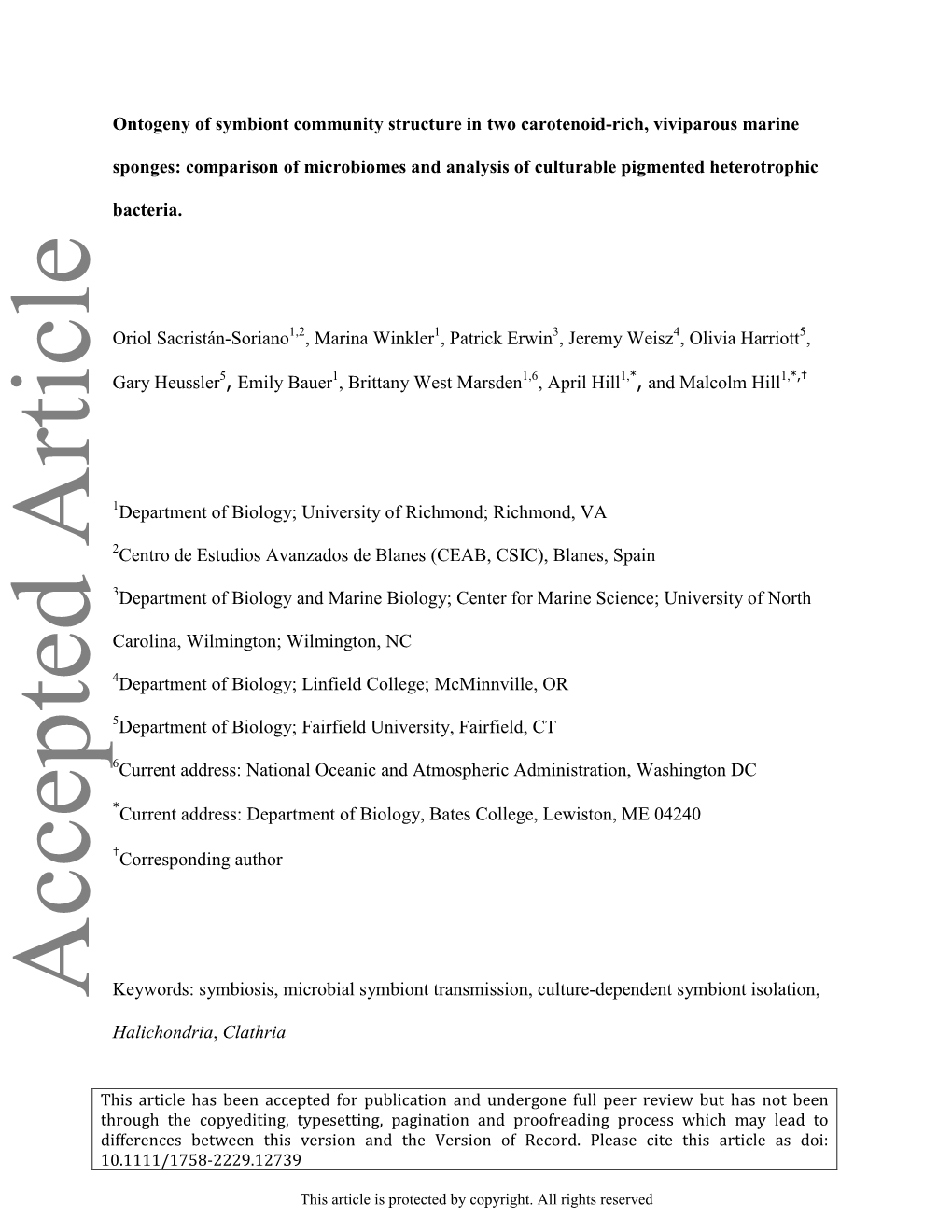 Ontogeny of Symbiont Community Structure in Two Carotenoid-Rich, Viviparous Marine Sponges: Comparison of Microbiomes and Analys