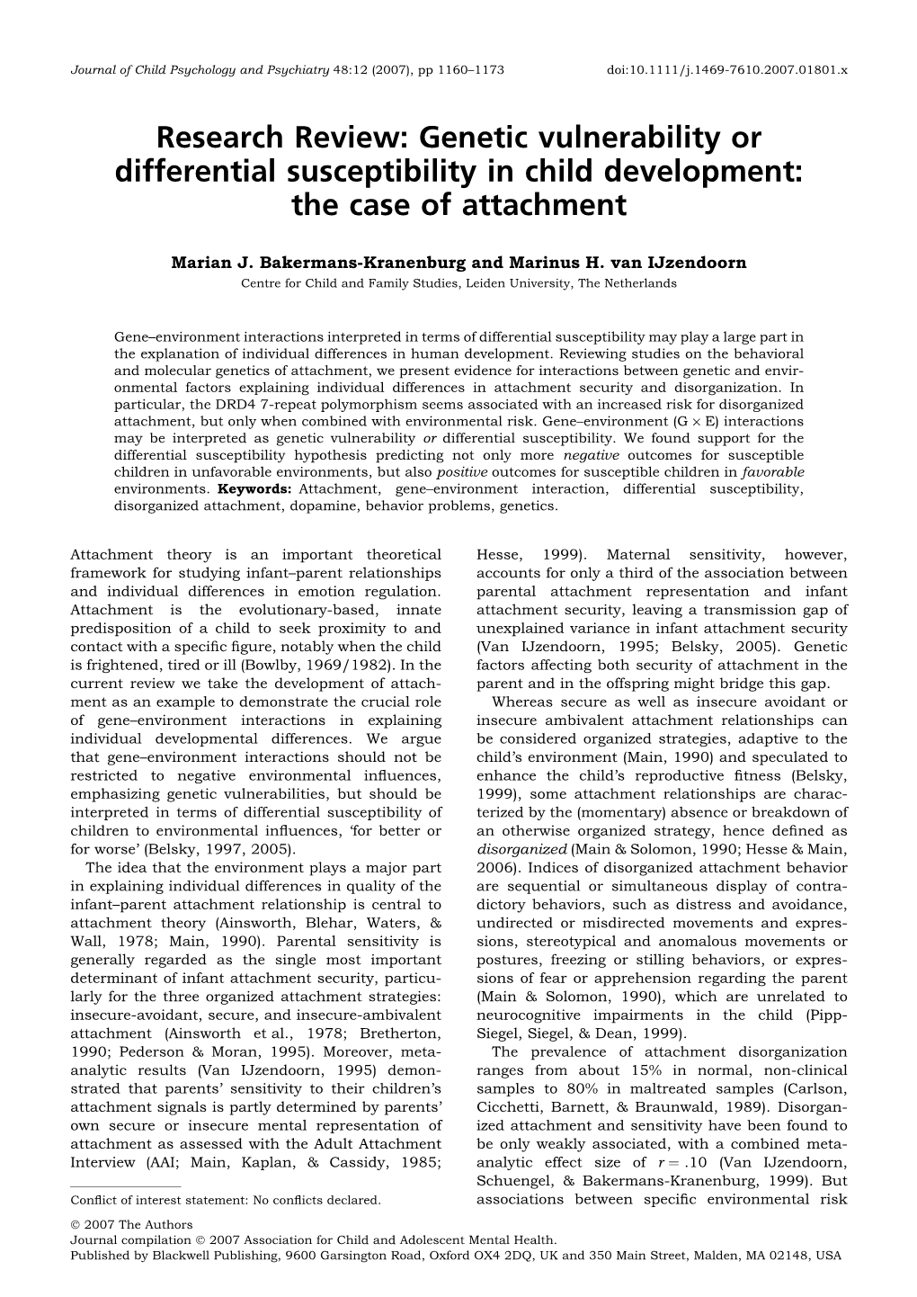 Research Review: Genetic Vulnerability Or Differential Susceptibility in Child Development: the Case of Attachment