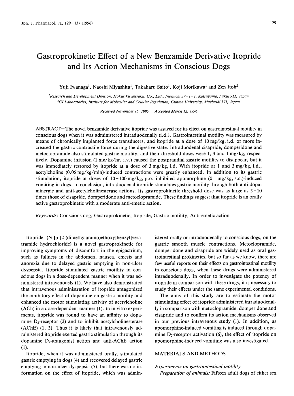 Gastroprokinetic Effect of a New Benzamide Derivative Itopride and Its Action Mechanisms in Conscious Dogs