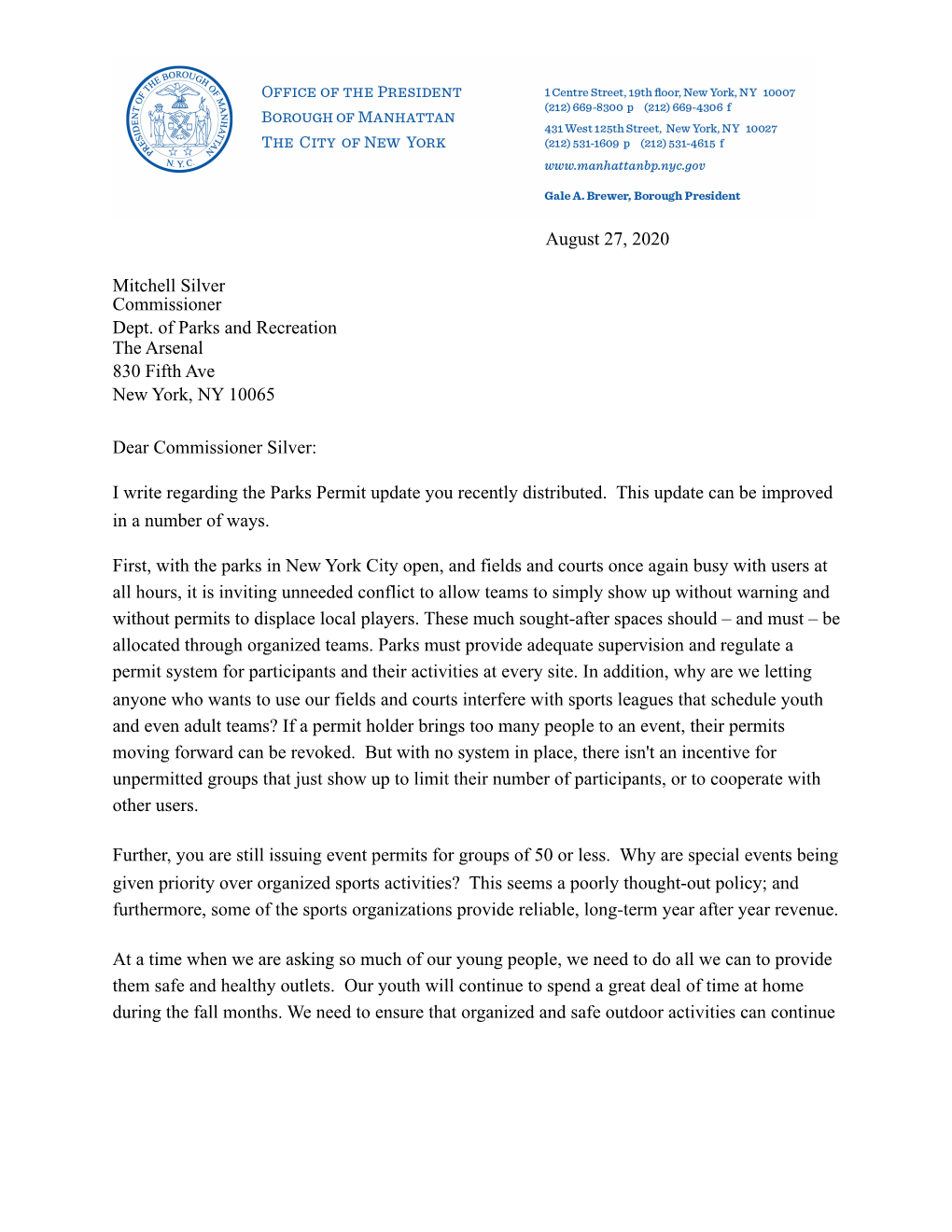 Letter to Parks Commissioner Mitchell Silver