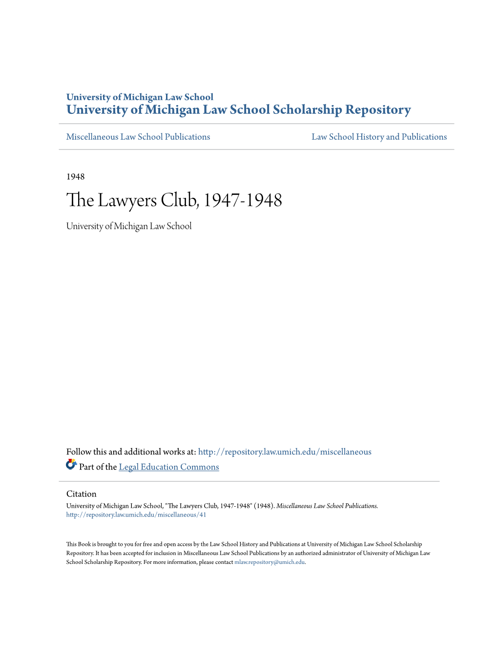 The Lawyers Club, 1947-1948 University of Michigan Law School