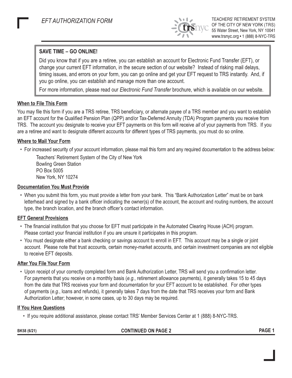 EFT Authorization Form (Code BK58)