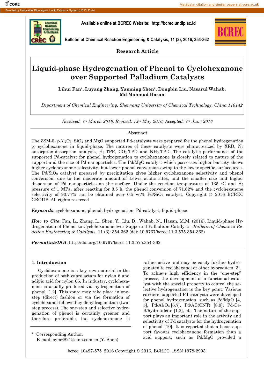 Liquid-Phase Hydrogenation of Phenol to Cyclohexanone Over Supported Palladium Catalysts