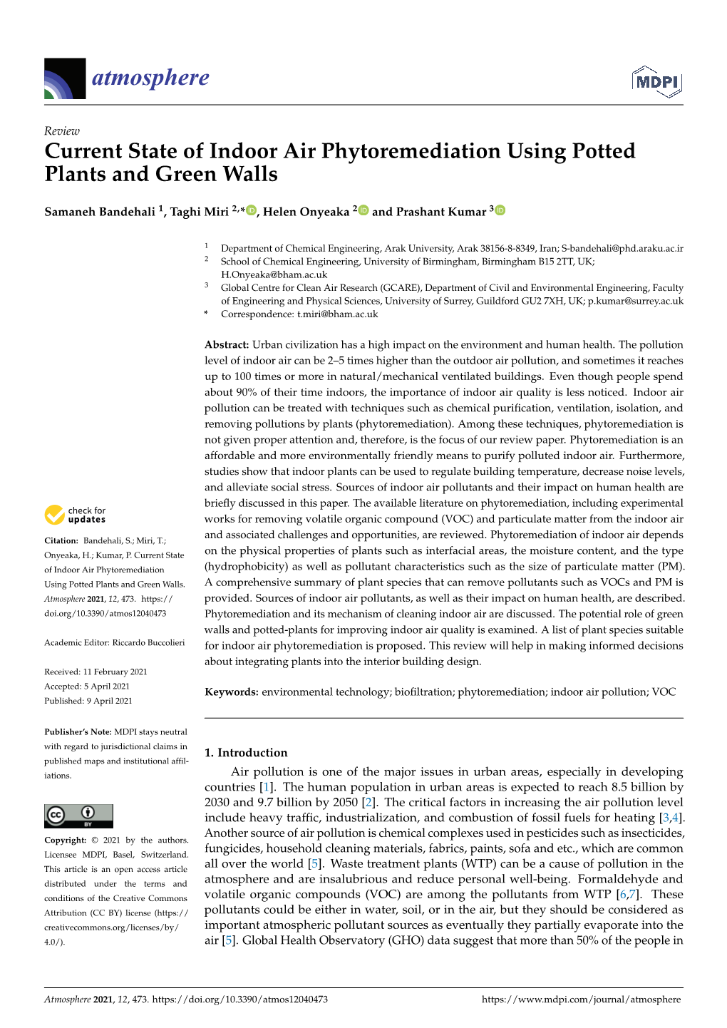 Current State of Indoor Air Phytoremediation Using Potted Plants and Green Walls