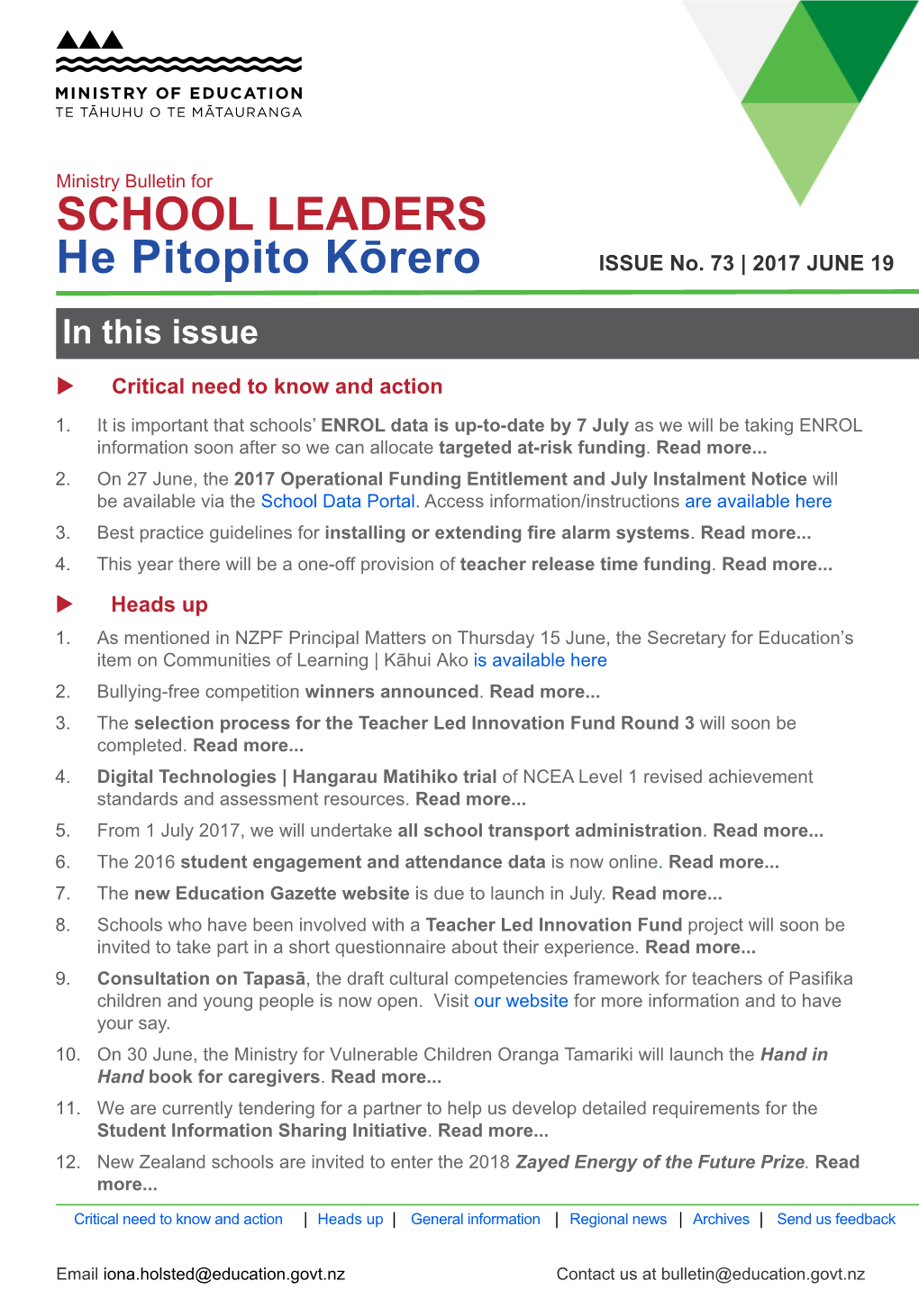 Ministry Bulletin for SCHOOL LEADERS He Pitopito Kōrero ISSUE No