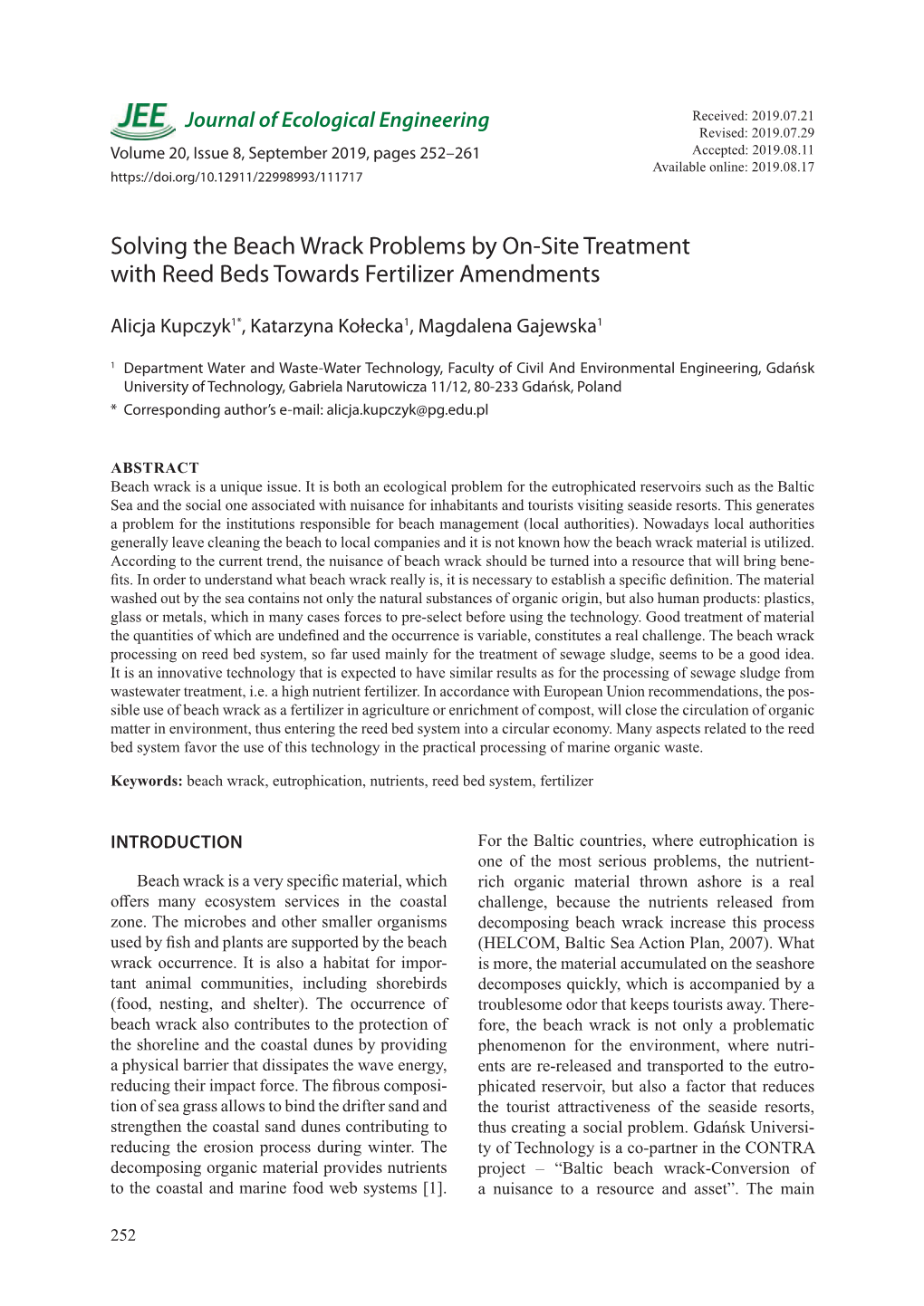 Solving the Beach Wrack Problems by On-Site Treatment with Reed Beds Towards Fertilizer Amendments