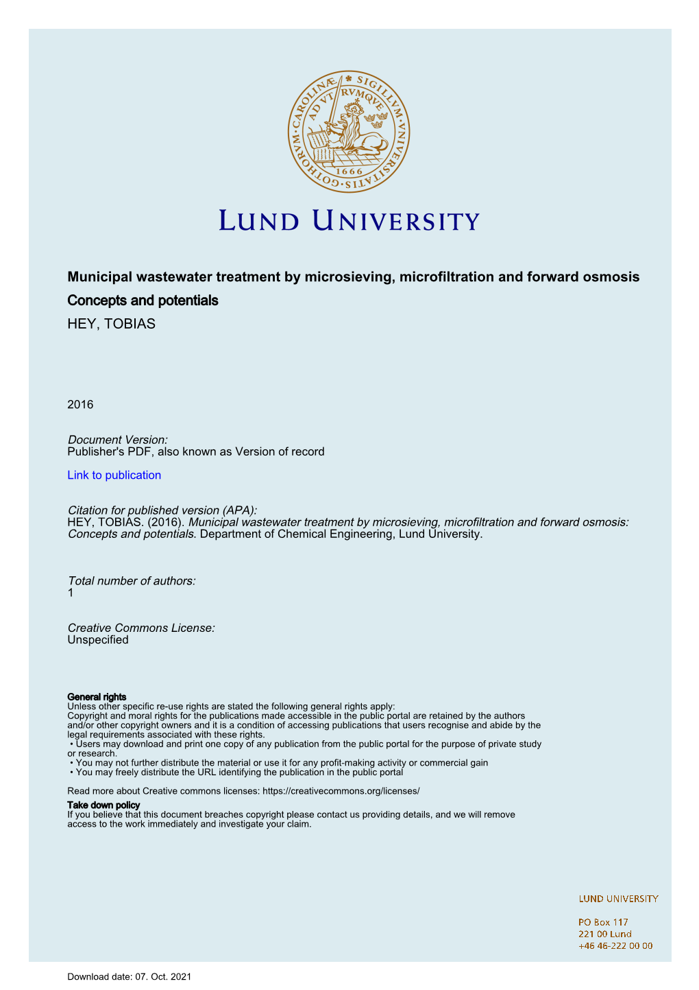 Municipal Wastewater Treatment by Microsieving, Microfiltration and Forward Osmosis Concepts and Potentials HEY, TOBIAS