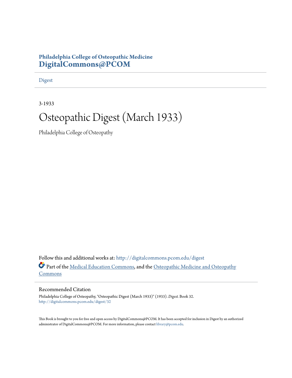 Osteopathic Digest (March 1933) Philadelphia College of Osteopathy
