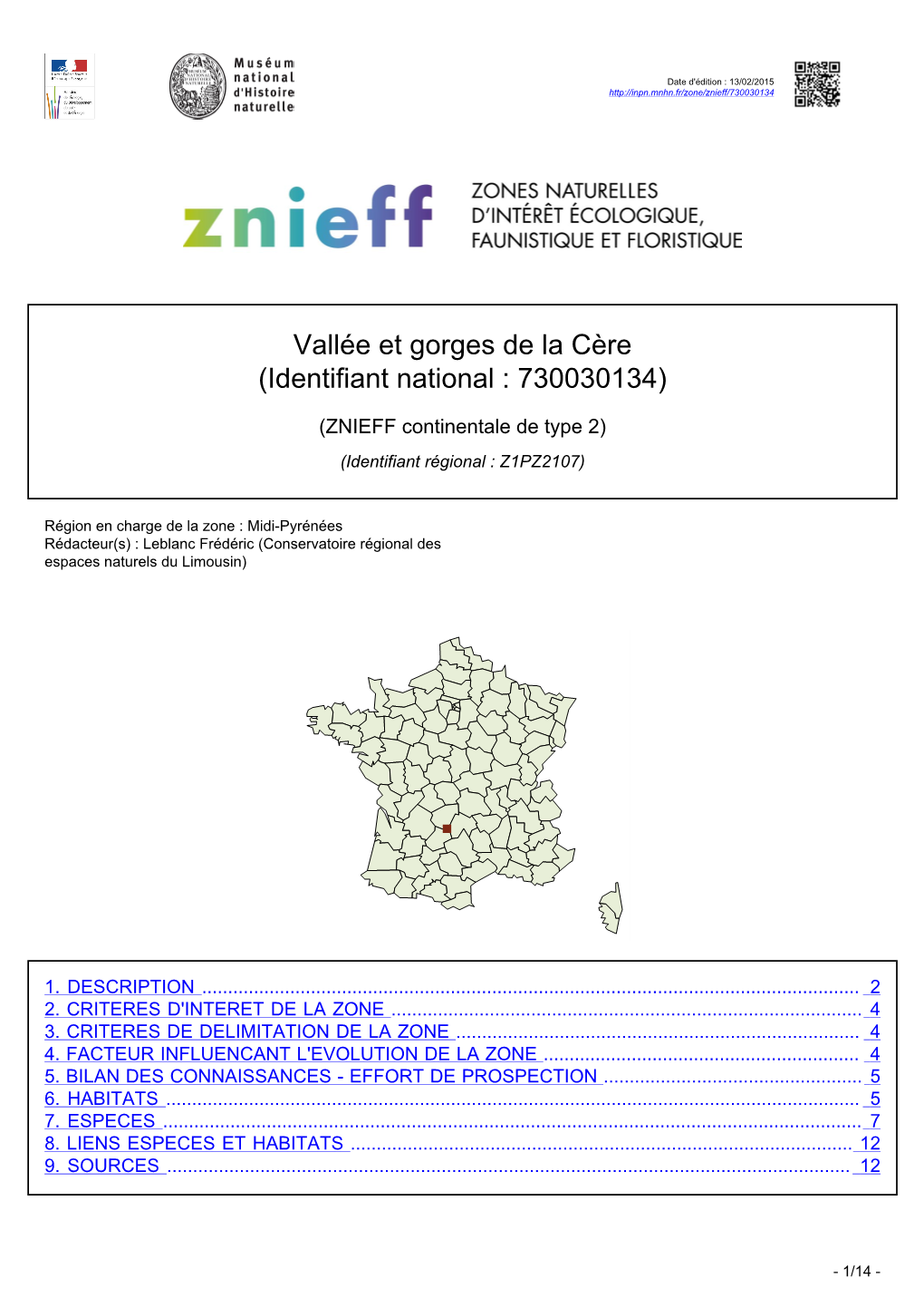 Vallée Et Gorges De La Cère (Identifiant National : 730030134)