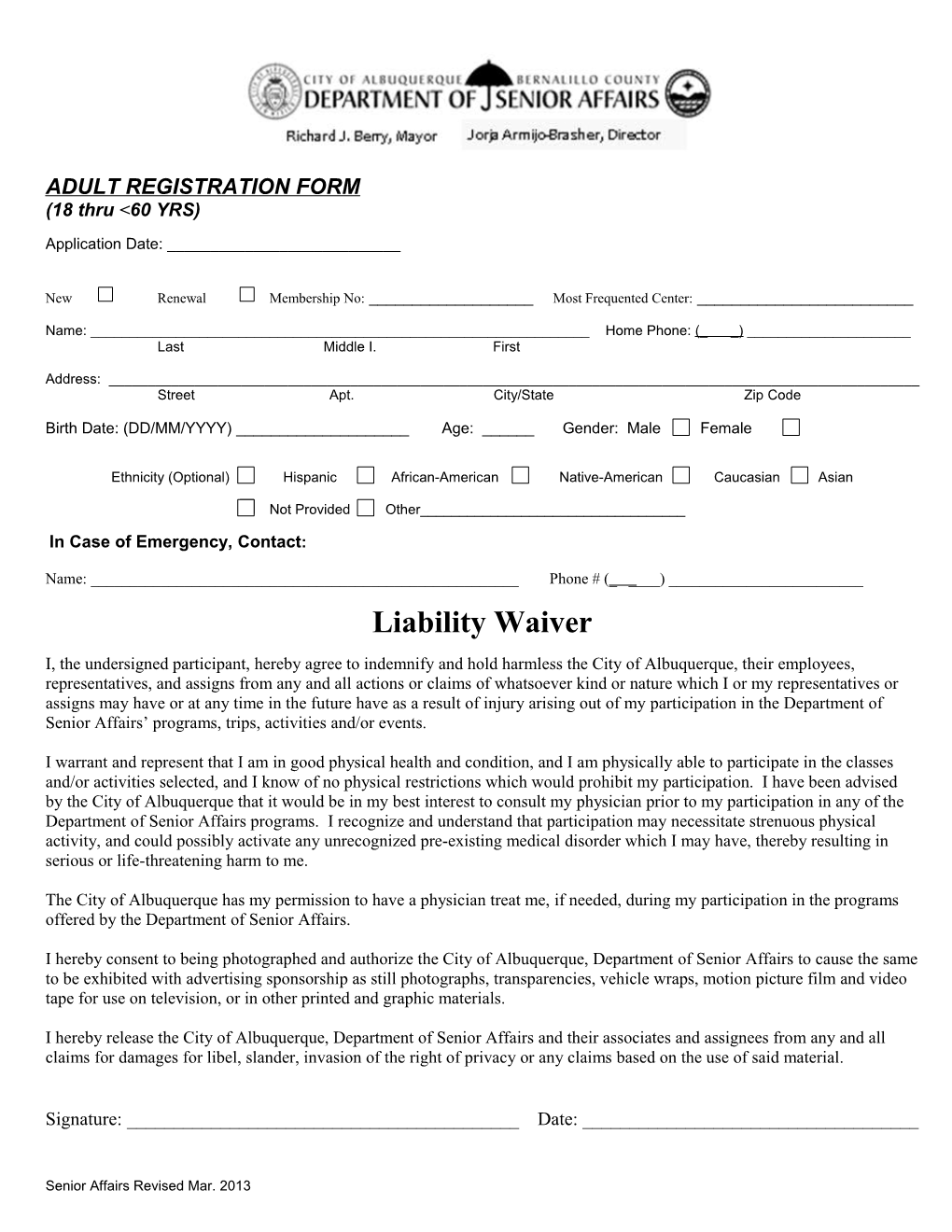 ADULT REGISTRATION FORM (18 Thru 60 YRS) Application Date: ______