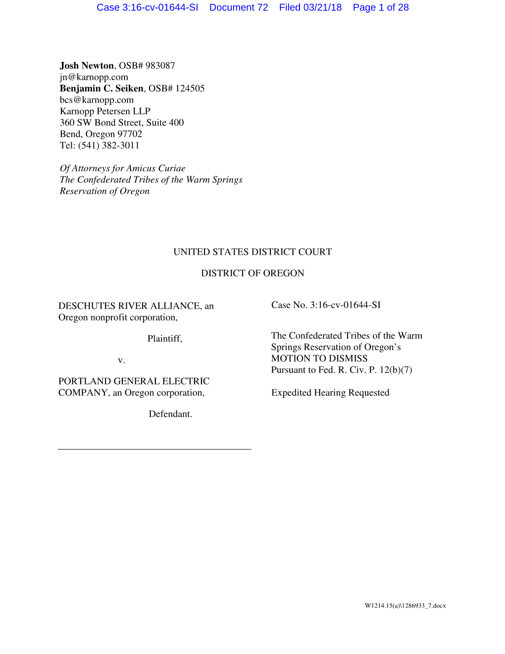 72 Warm Springs Motion to Dismiss