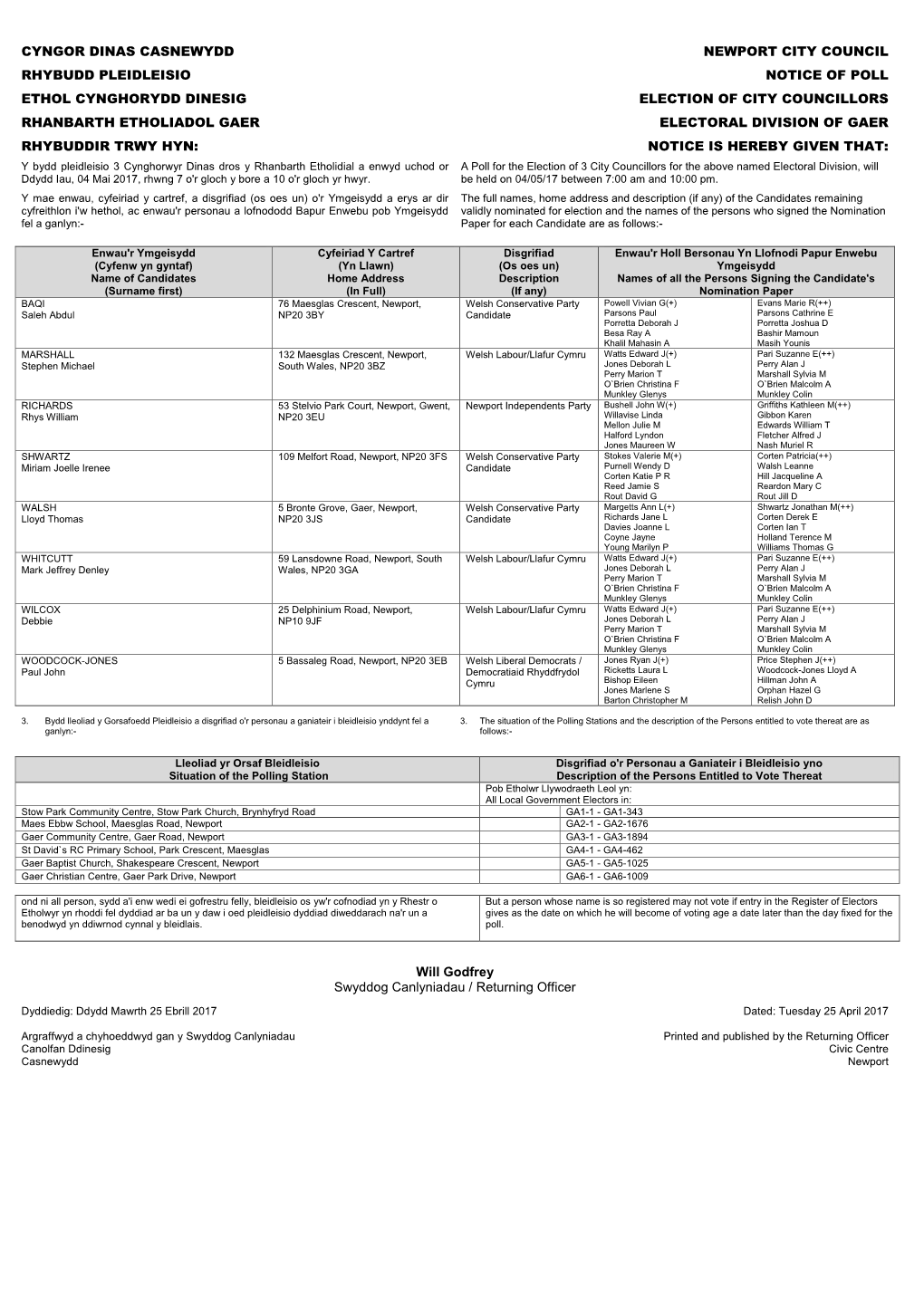 Gaer Notice of Poll