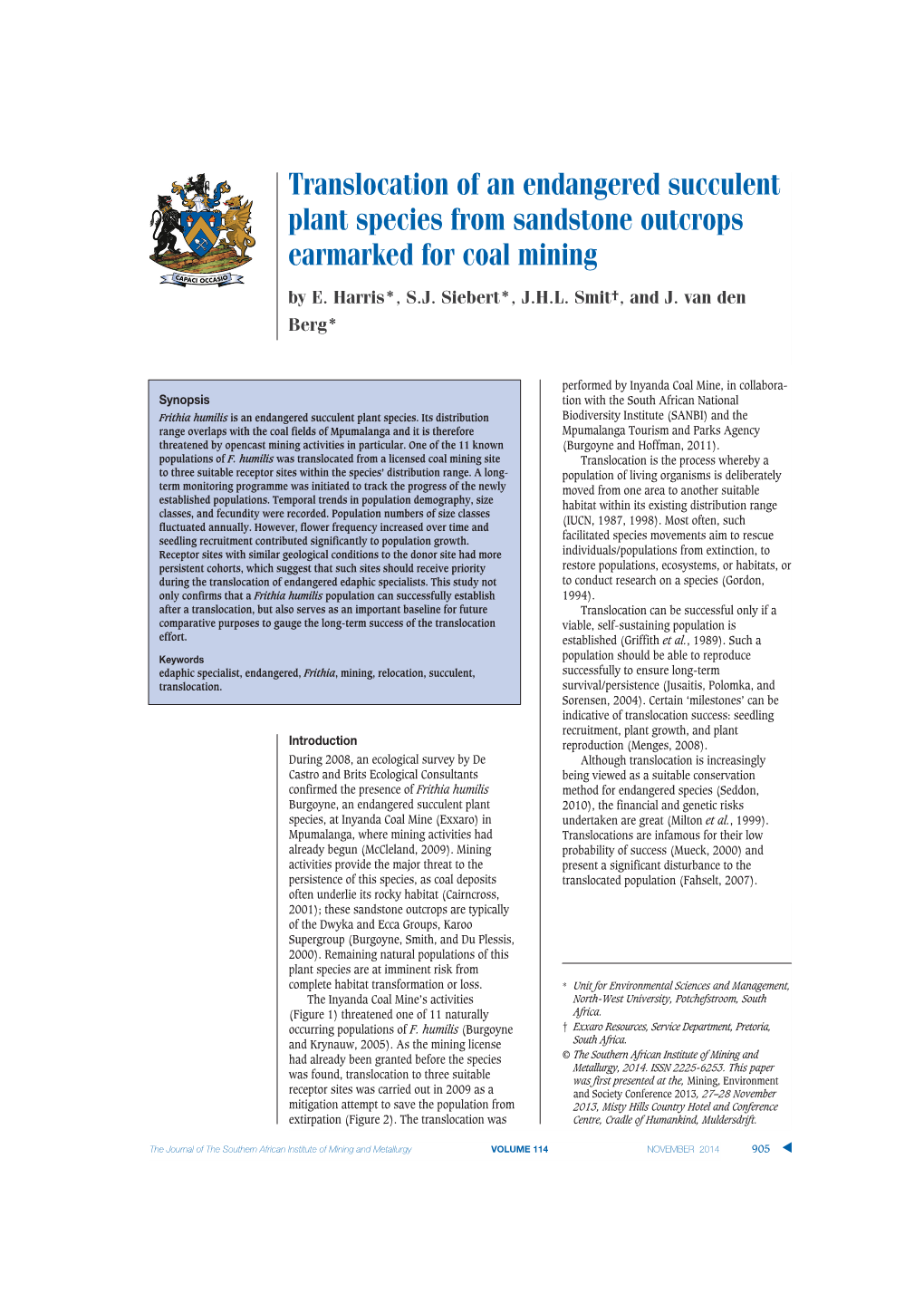 Translocation of an Endangered Succulent Plant Species from Sandstone Outcrops Earmarked for Coal Mining