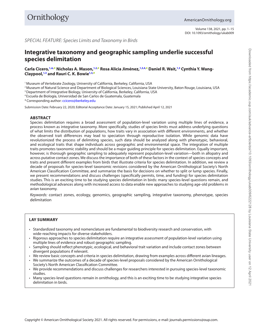 Species Limits and Taxonomy in Birds