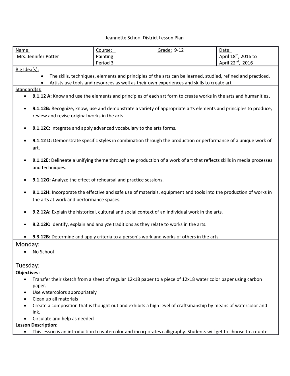 Jeannette School District Lesson Plan s1