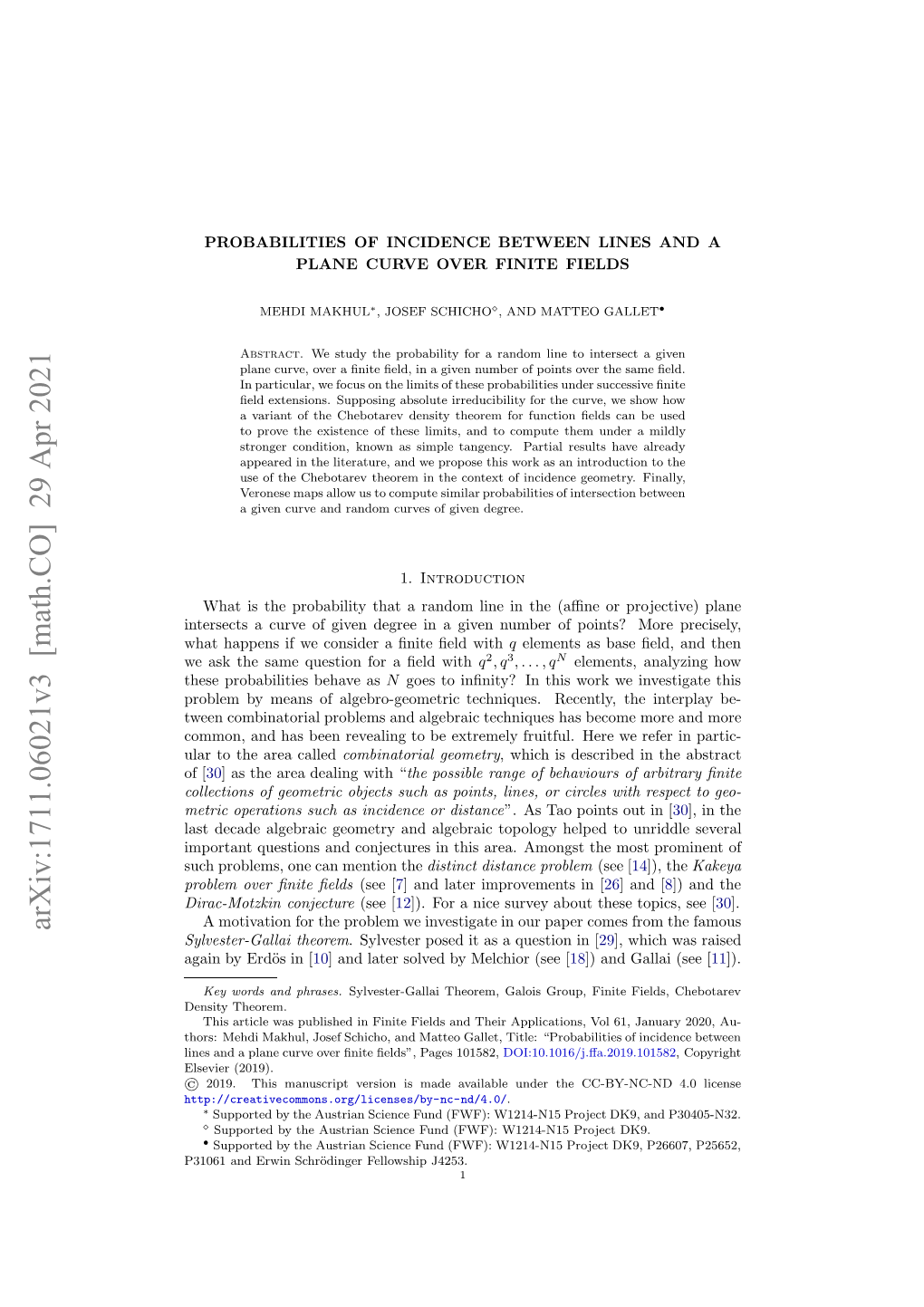 Arxiv:1711.06021V3 [Math.CO] 29 Apr 2021