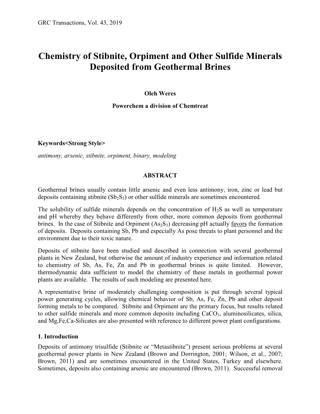 Chemistry of Stibnite, Orpiment and Other Sulfide Minerals Deposited from Geothermal Brines