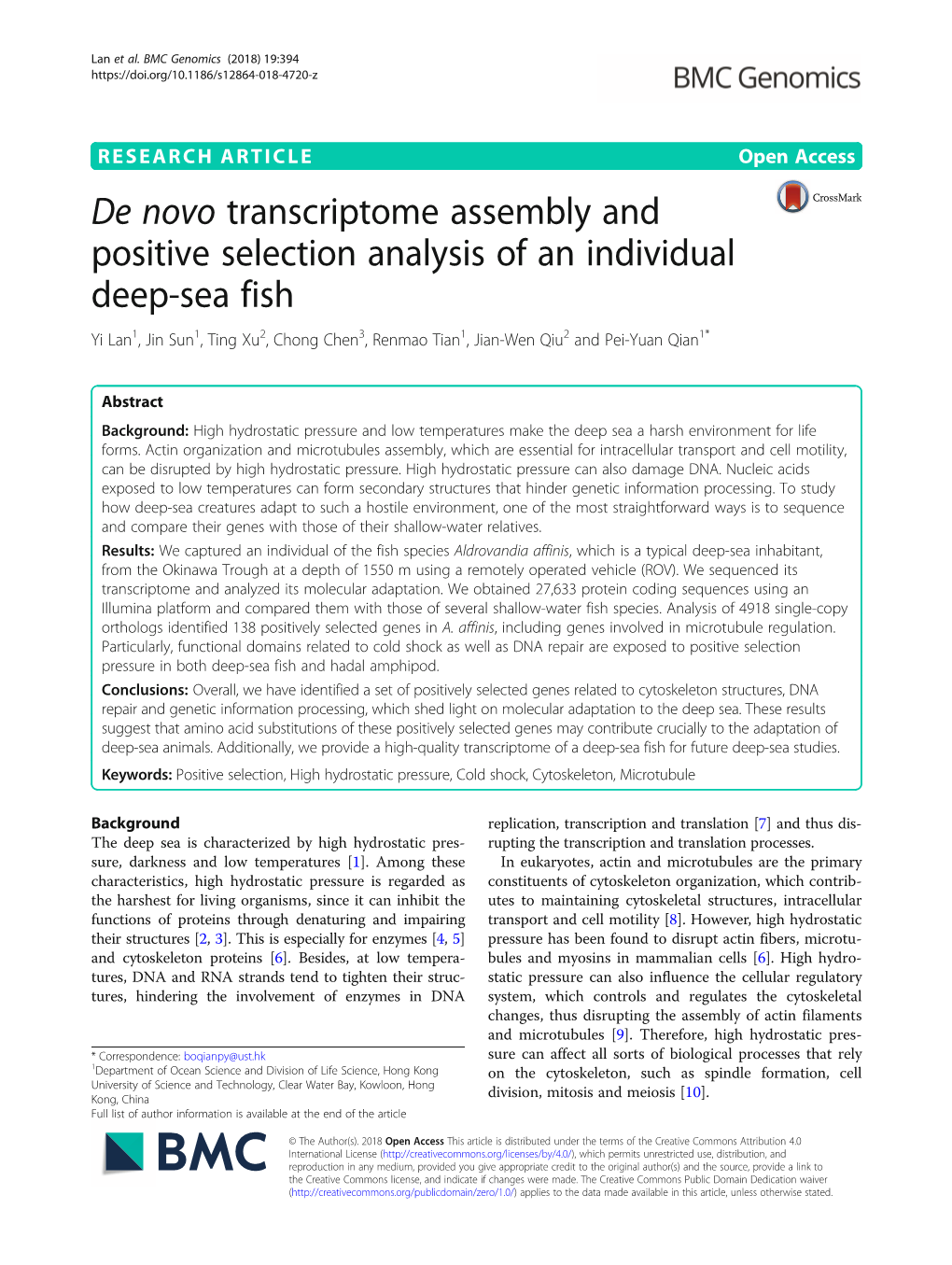 De Novo Transcriptome Assembly and Positive Selection Analysis of An