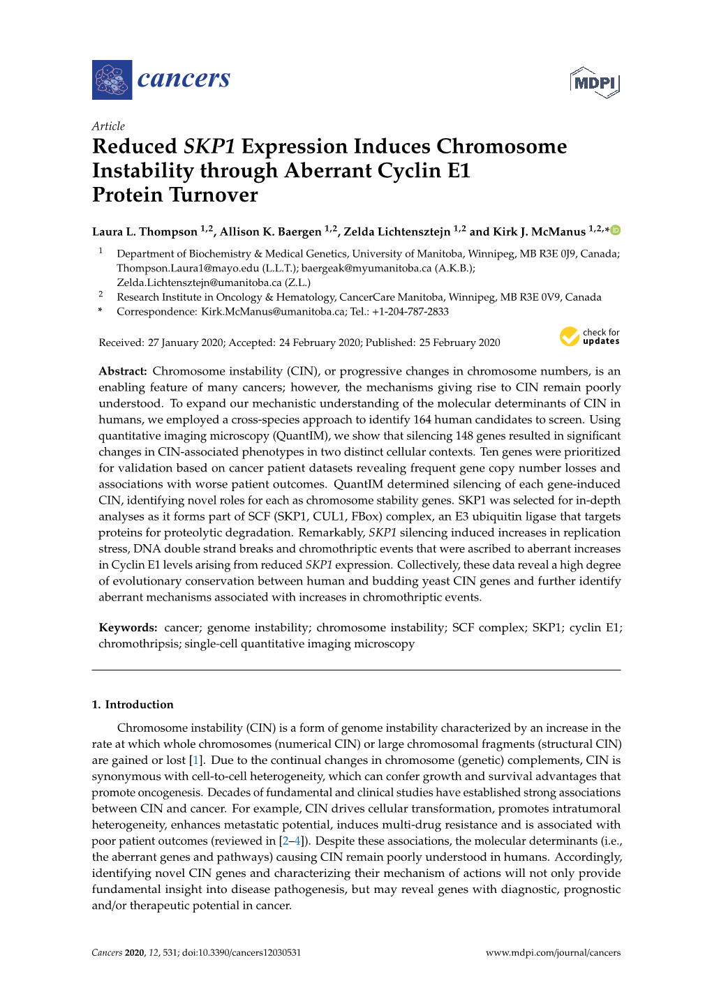 Reduced SKP1 Expression Induces Chromosome Instability Through Aberrant Cyclin E1 Protein Turnover