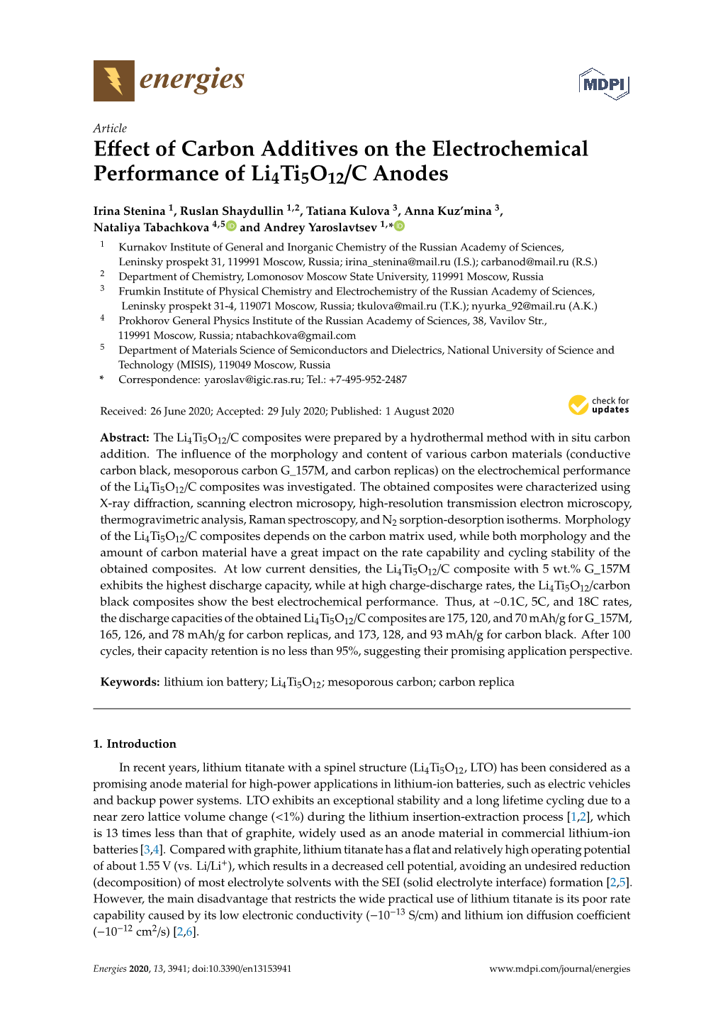 Effect of Carbon Additives on the Electrochemical Performance of Li4ti5o12/C Anodes