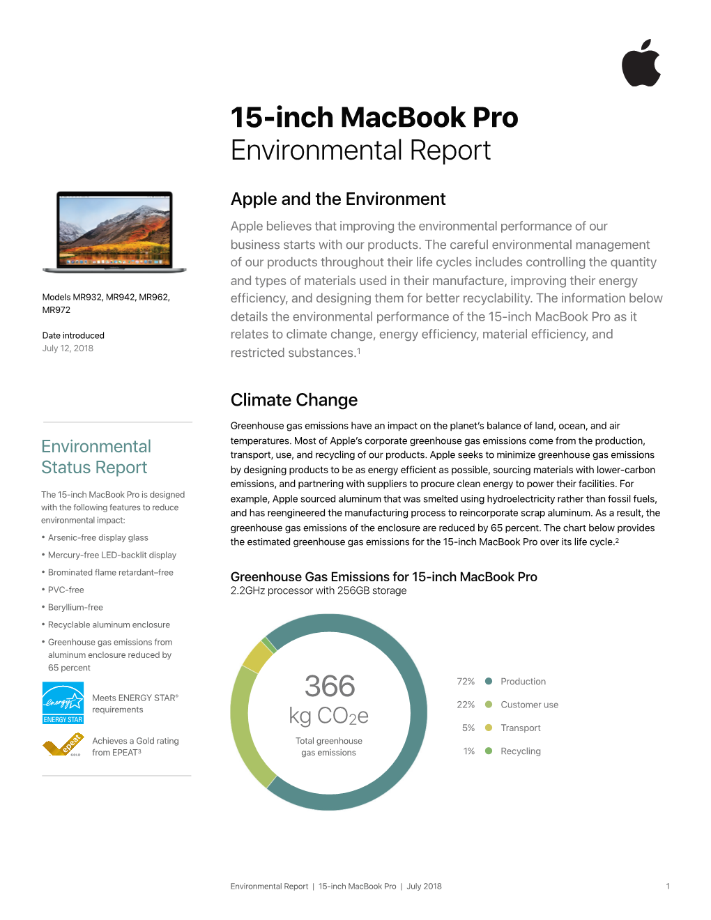 15-Inch Macbook Pro Environmental Report