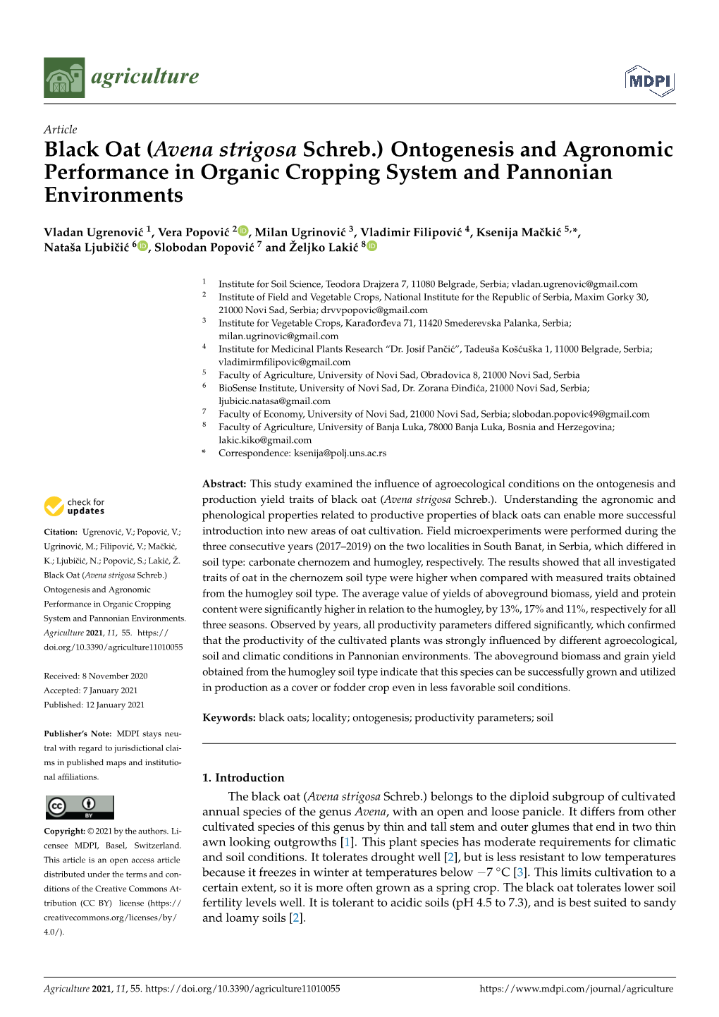 Black Oat (Avena Strigosa Schreb.) Ontogenesis and Agronomic Performance in Organic Cropping System and Pannonian Environments