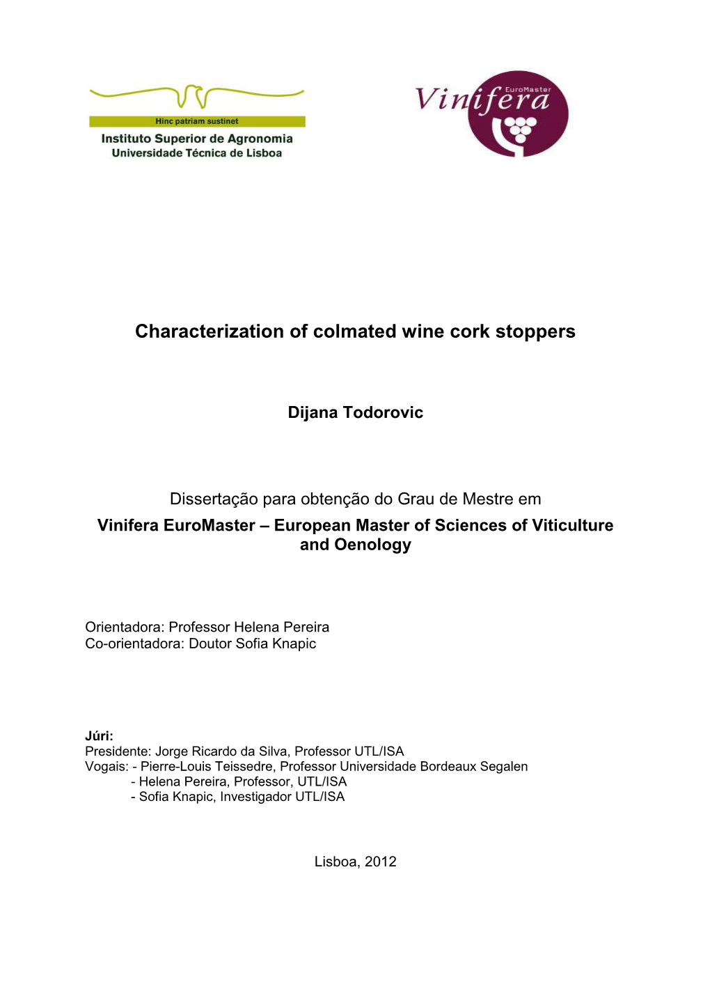 Characterization of Colmated Wine Cork Stoppers