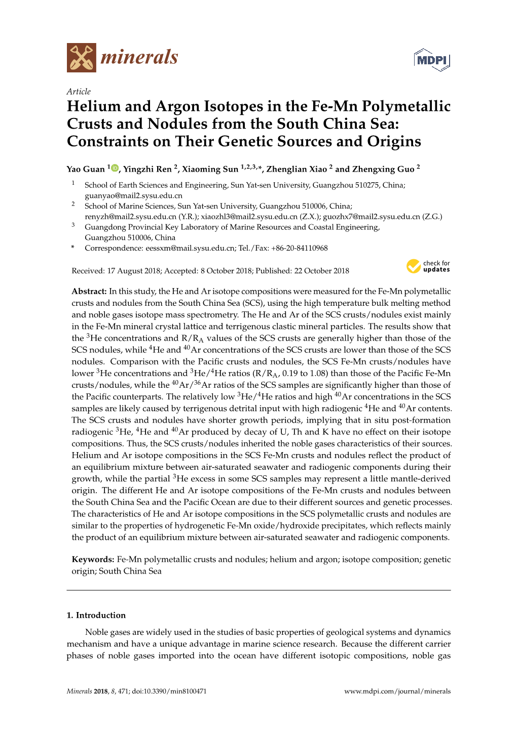 Helium and Argon Isotopes in the Fe-Mn Polymetallic Crusts and Nodules from the South China Sea: Constraints on Their Genetic Sources and Origins