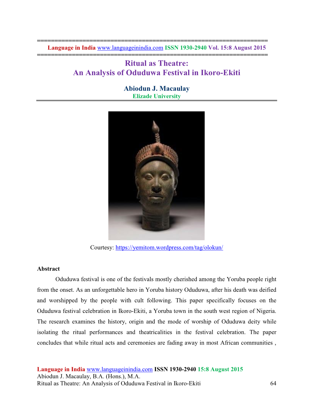 Ritual As Theatre: an Analysis of Oduduwa Festival in Ikoro-Ekiti